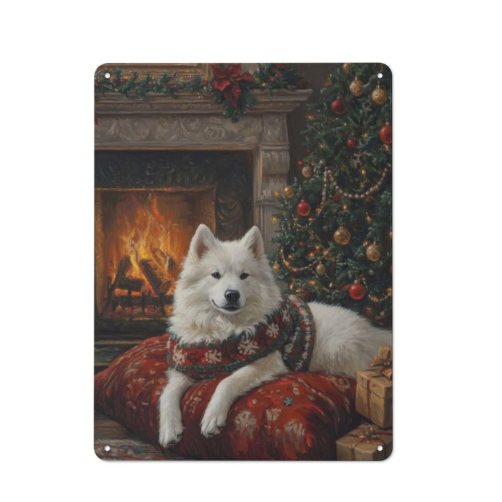 Junmoney Samoyed Dog Christmas Portrait Festive Samoy Tin Wall Plaque 40X30cm With Ed Decor For Hobby Room Or Studio, For Metal Sign Collectors, For Kitchen And Home Bar Decor