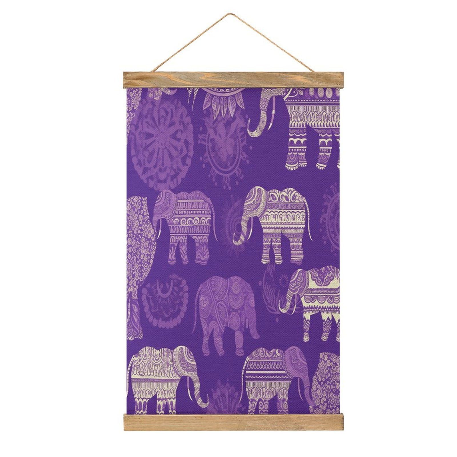 VstaDank Purple Elephant Hanging Poster with Wooden Frame Modern Linen Hanging Painting Retro Style Wall Decor Art Painting for Living Room,Bedroom Decor Poster Frame 20.4x13.1inch