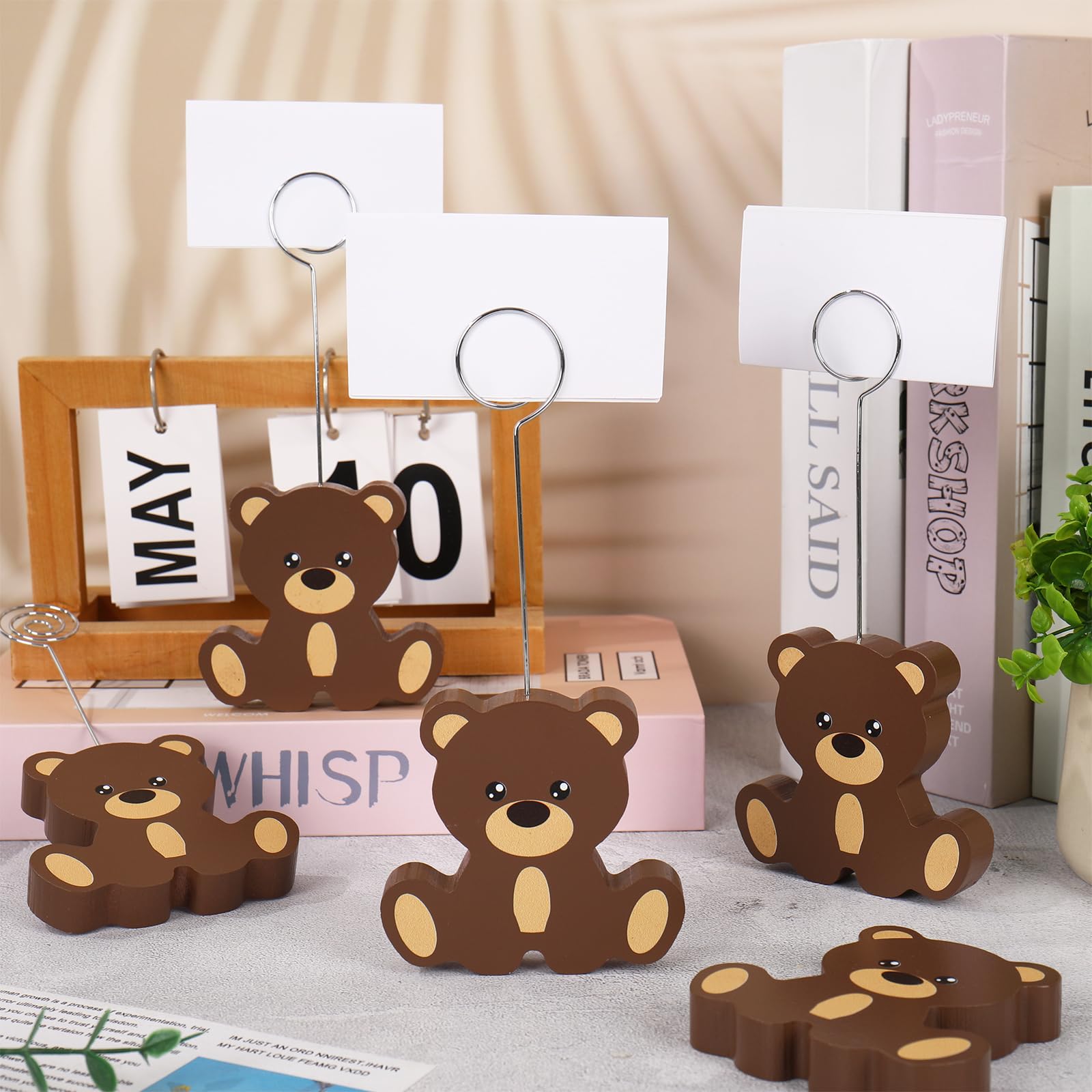 JarThenaAMCS 10 soportes de madera para tarjetas de lugar de oso, bonito soporte para números de mesa, soporte de exhibición de tarjetas de nombre para cumpleaños, baby shower, fiesta, suministros de