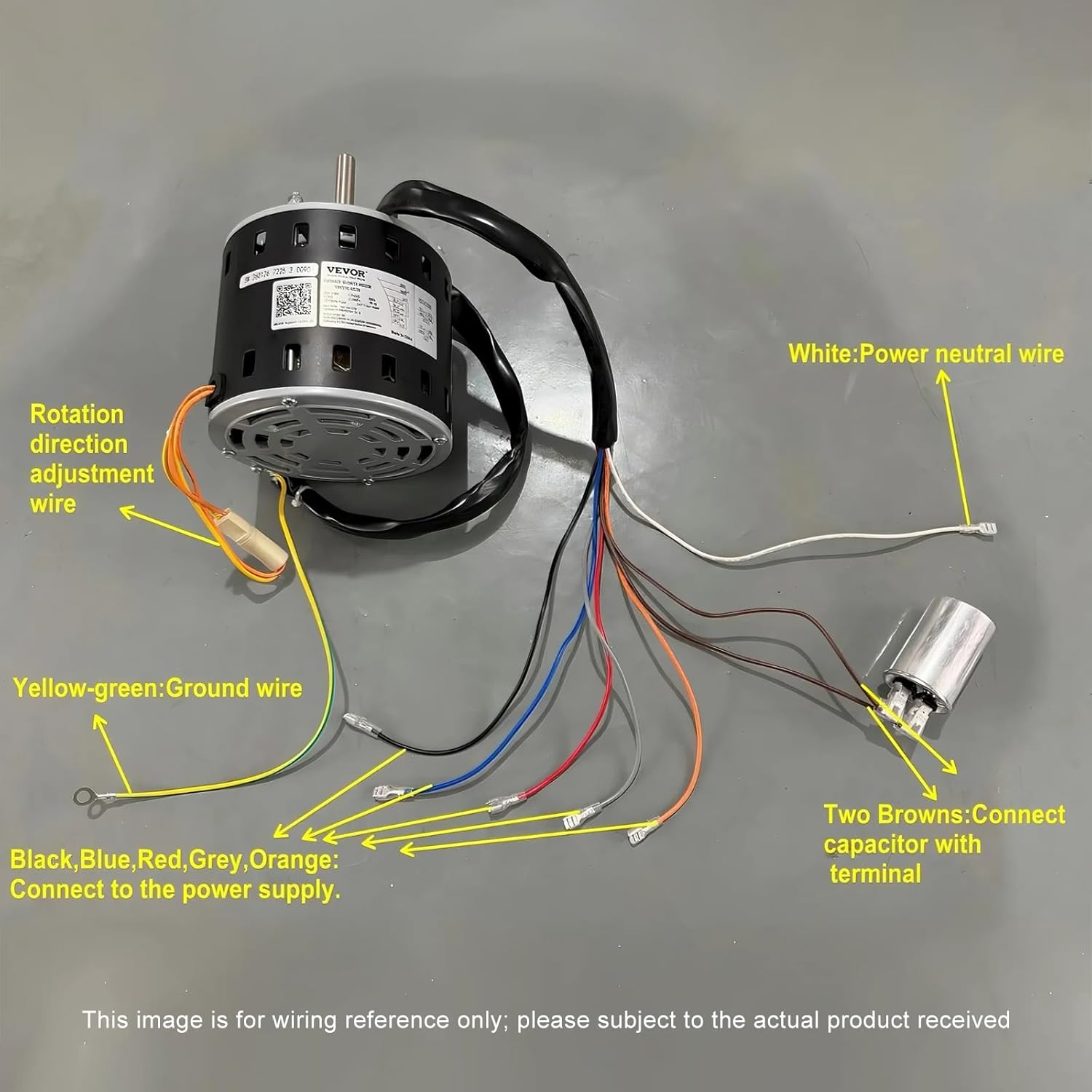 VEVOR 1/2HP Furnace Blower Motor, 1075RPM 5-Speed, 208/230V 2.7A, 48 Frame 3.4" Shaft Length, 0.5" Shaft Diameter, CW/CCW Dual Rotation, with 7.5μF/450V Capacitor and 11" Hold Hoop