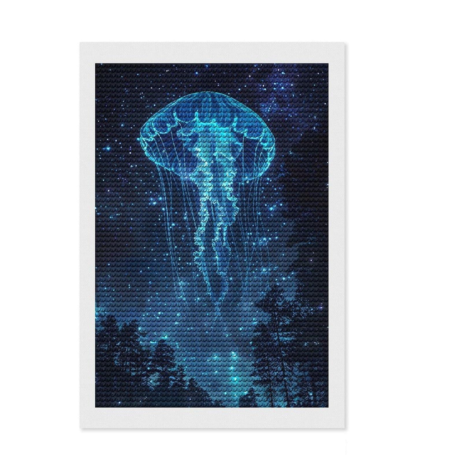 Junmoney Glowing Jellyfish in Starry Night Forest Diamond Art Canvas 8"x12", Good for Quiet Evenings, Mindful Craft Activity, Office Decor, Gift Idea, with Tool Kit