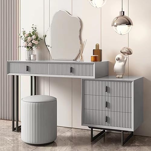 Miniatura 4 de Anbuy Juego de escritorio de maquillaje gris con cajones, tocador de maquillaje moderno, juego de tocador para dormitorio, juego de muebles de