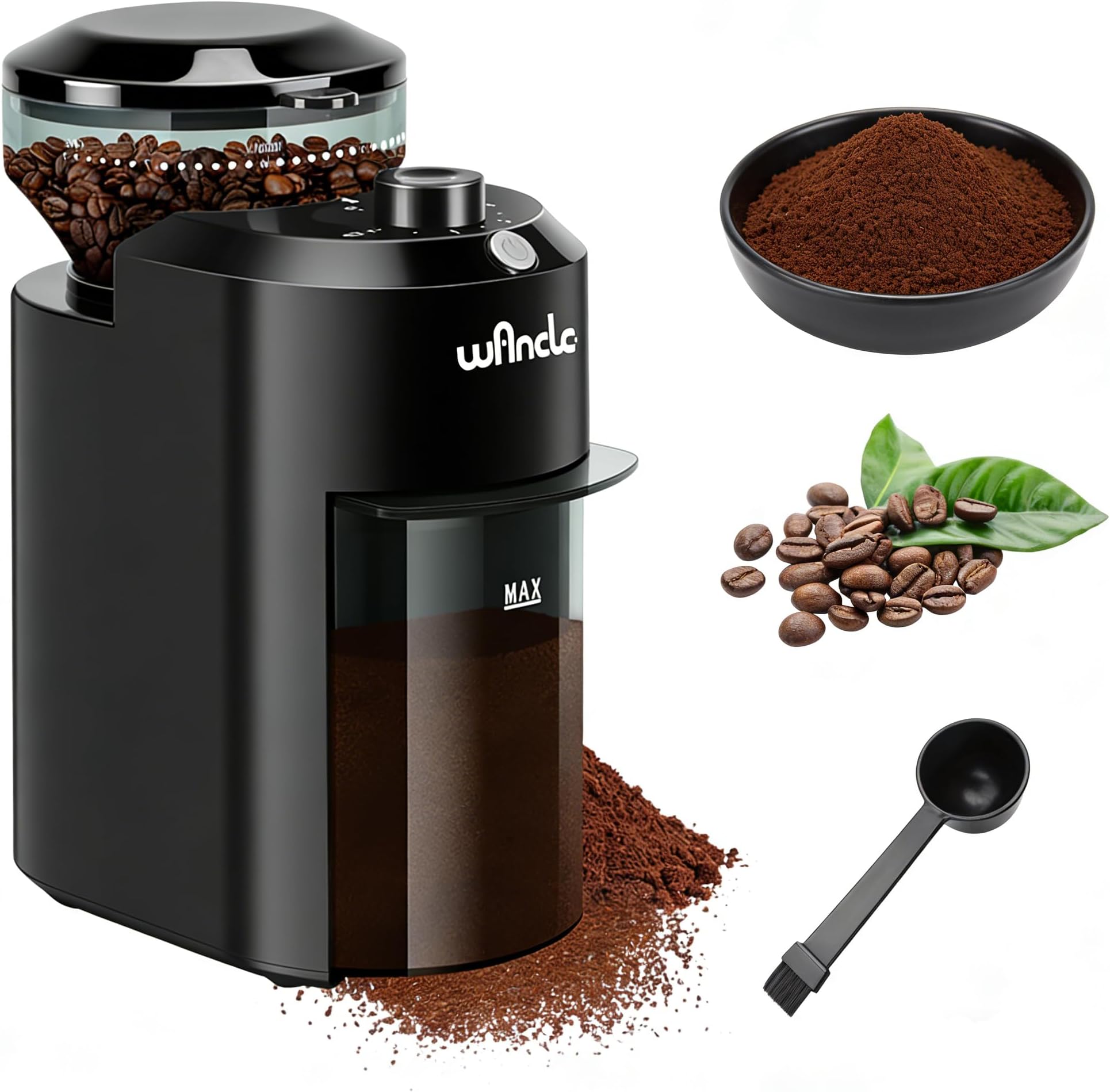 Wancle Electric Burr Coffee Grinder - Adjustable with 28 Precise Grind Settings for 12 Cups - Professional Coffee Bean Grinder (Plastic, Black)