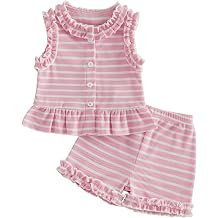 WZTYYDS Toddler Baby Girl Clothes Summer Sleeveless Ruffle Tops Buttons Shirt Shorts Set Waffle Knit Striped Outfit