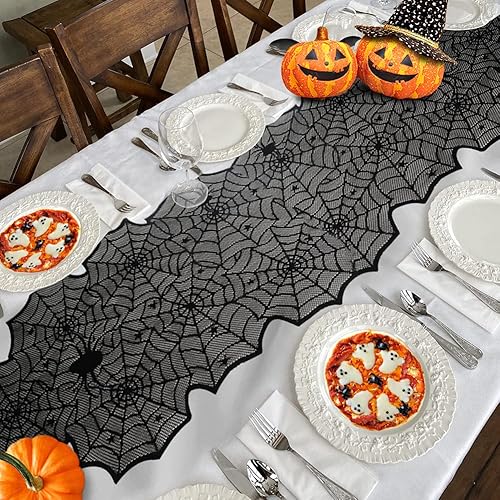 Miniatura 6 de Camino de mesa de Halloween, tela de araña de encaje negro, para decoración de Halloween, fiesta, decoración de mesa de comedor, 18 x 72 pulgadas