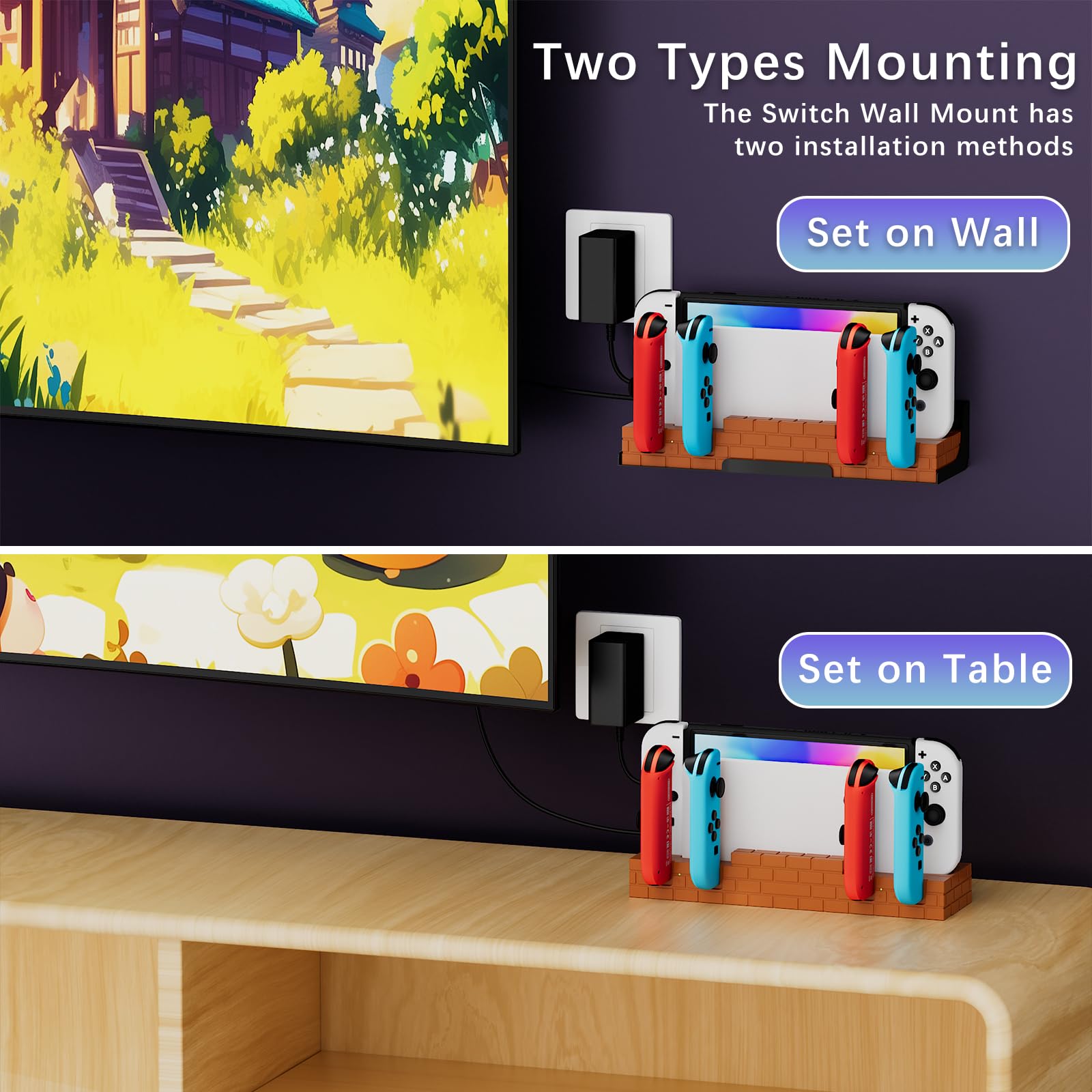 Hosanwell Soporte de pared para conmutador con cargador, soporte de pared para conmutador/conmutador OLED con 8 ranuras para juegos, carga hasta 4 J-Cons, soporte de pared detrás de TV, accesorio para