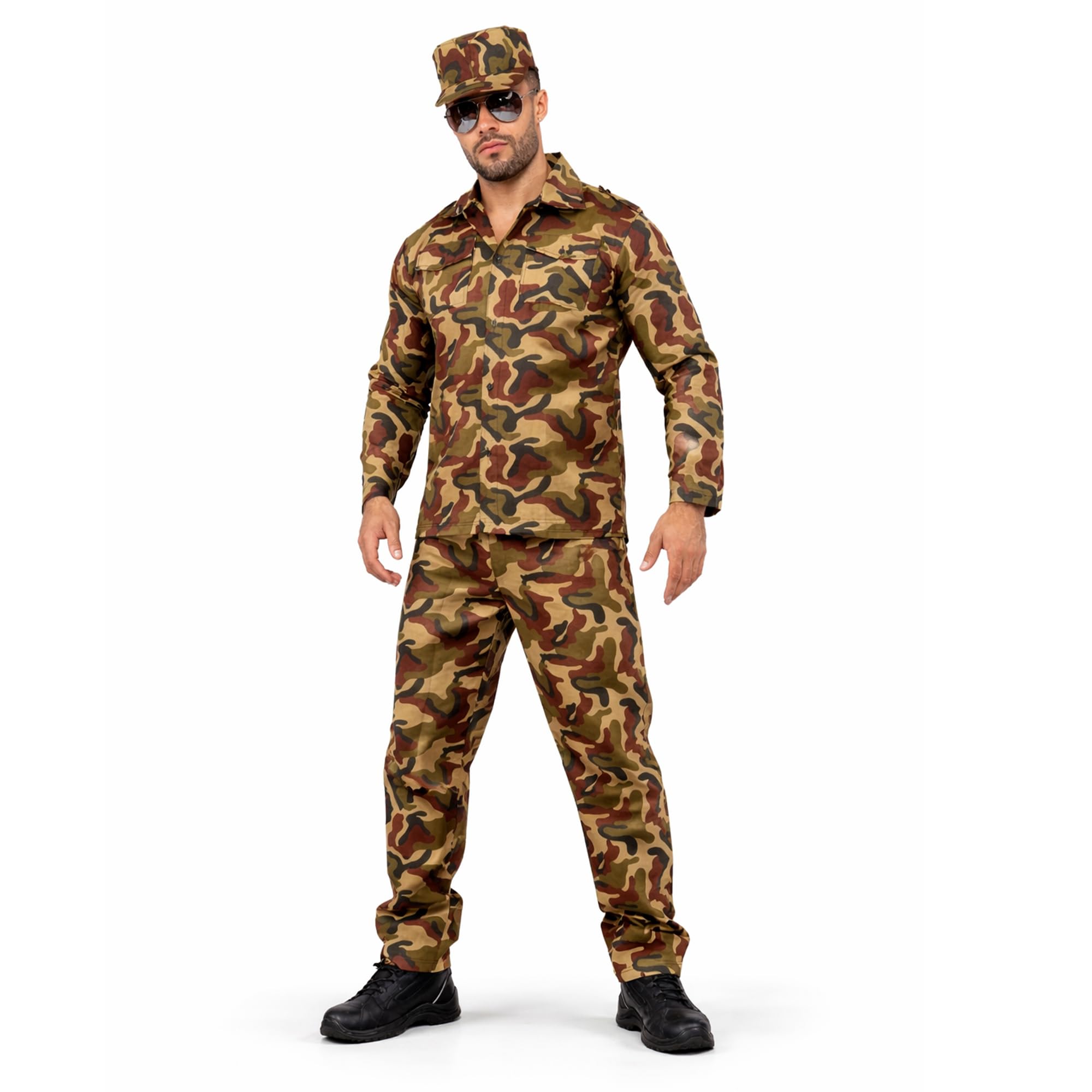 WickedFun Men 3 Pcs Army Costume, Adult Camouflage Military Soldier Camo Shirt, Trousers And Cap Unifrom WW2 Fancy Dress Set, (M)