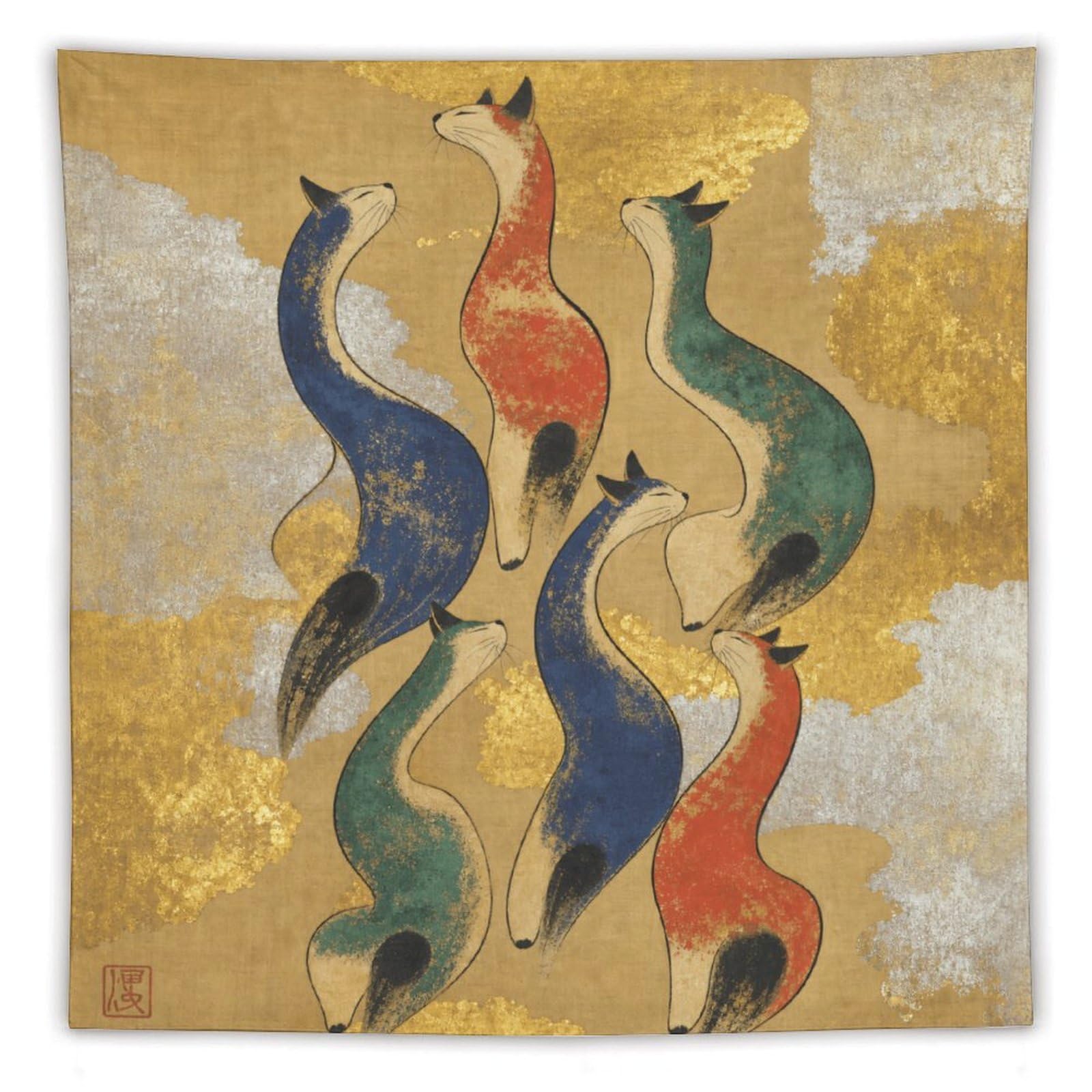 W7C8U2X3 Three Colorful Cats Wall Tapestry, Realistic Illustration, Bedroom