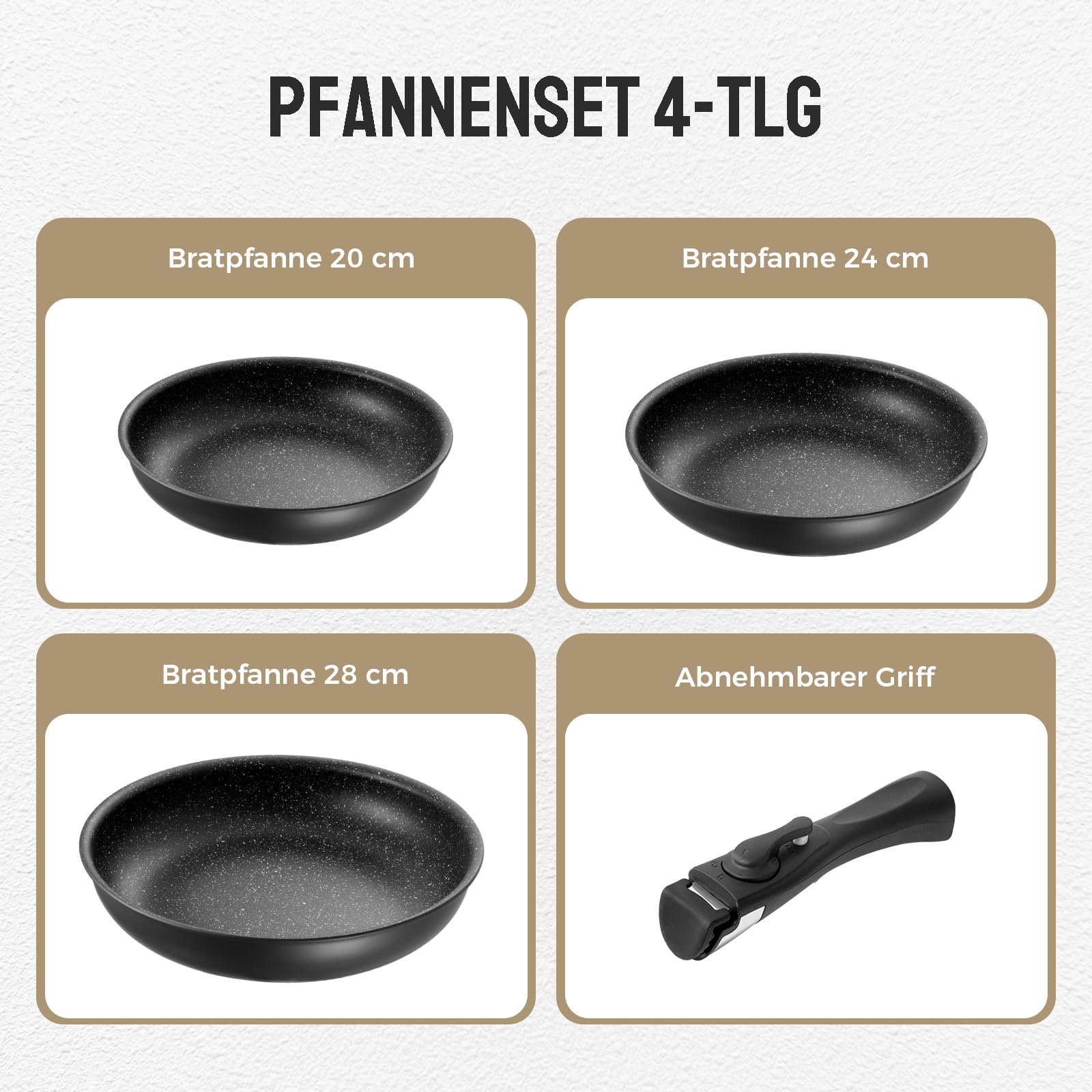 Fadware Juego de sartenes de inducción con mango extraíble, para todo tipo de cocinas, sartenes 4 piezas, 20 cm+24 cm+28 cm, antiadherente, aptas para horno, fácil limpieza