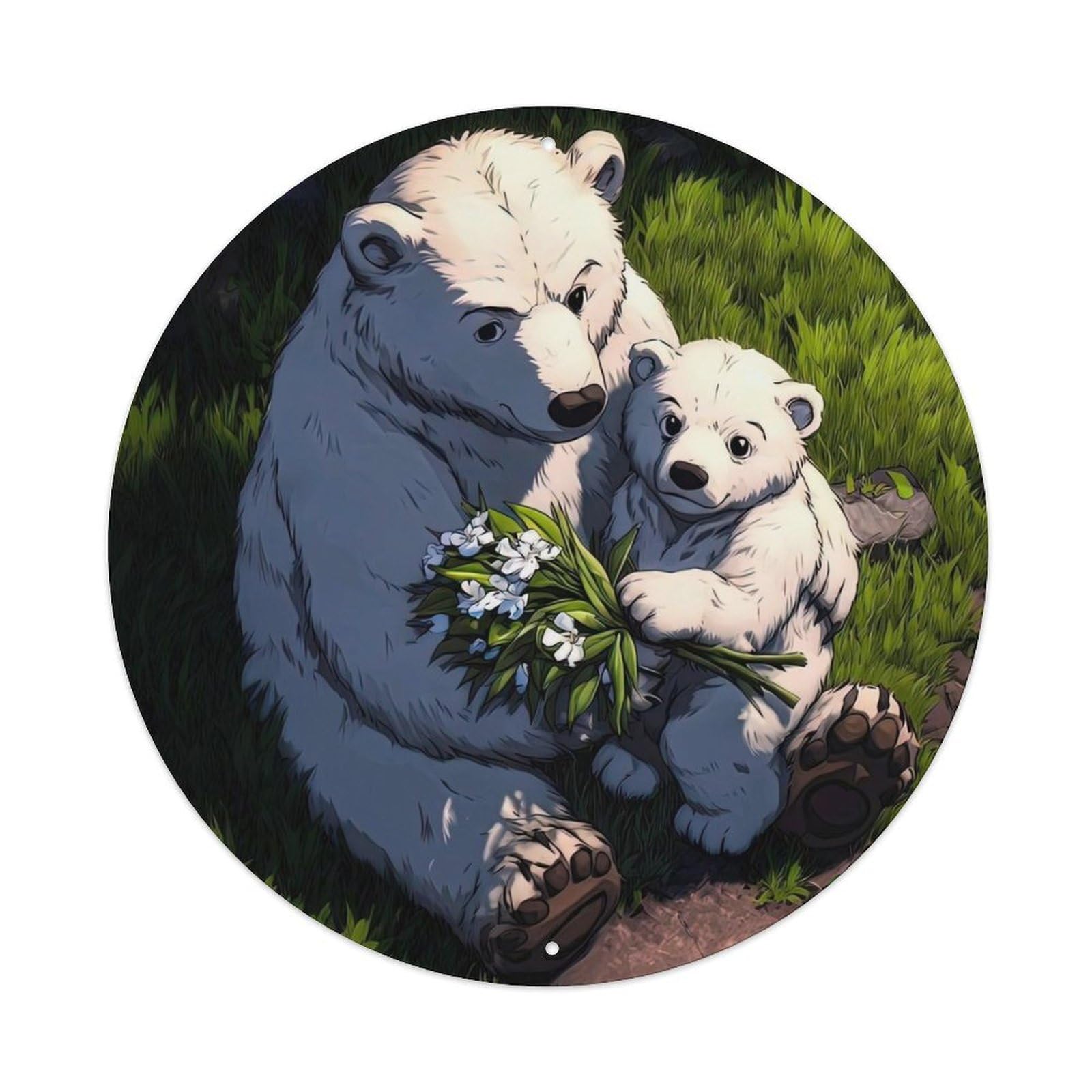 Animal Polar Bear Cub with Lily of The Valley Flowers in Meadow Vintage Metal Tin Sign Plaque Wall Decor for Cafe, Club Bar, Office, Garden Metal Poster 8x8Inch
