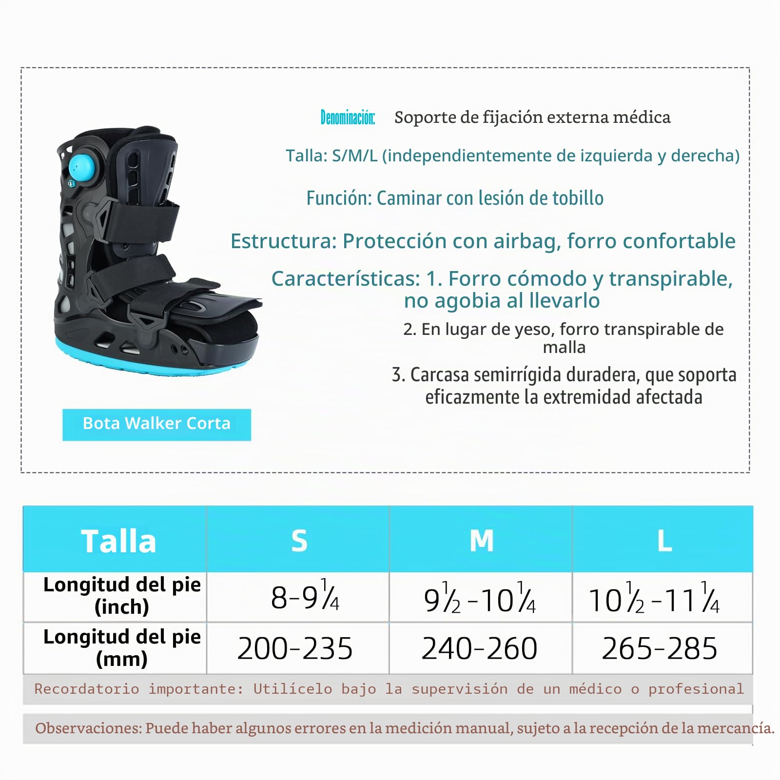 Air Cam Walker - Botas de fractura inflables, botas ortopédicas cortas para esguince de tobillo, recuperación del dolor de pies, fractura por estrés, pie roto, tendinitis de Aquiles (talla