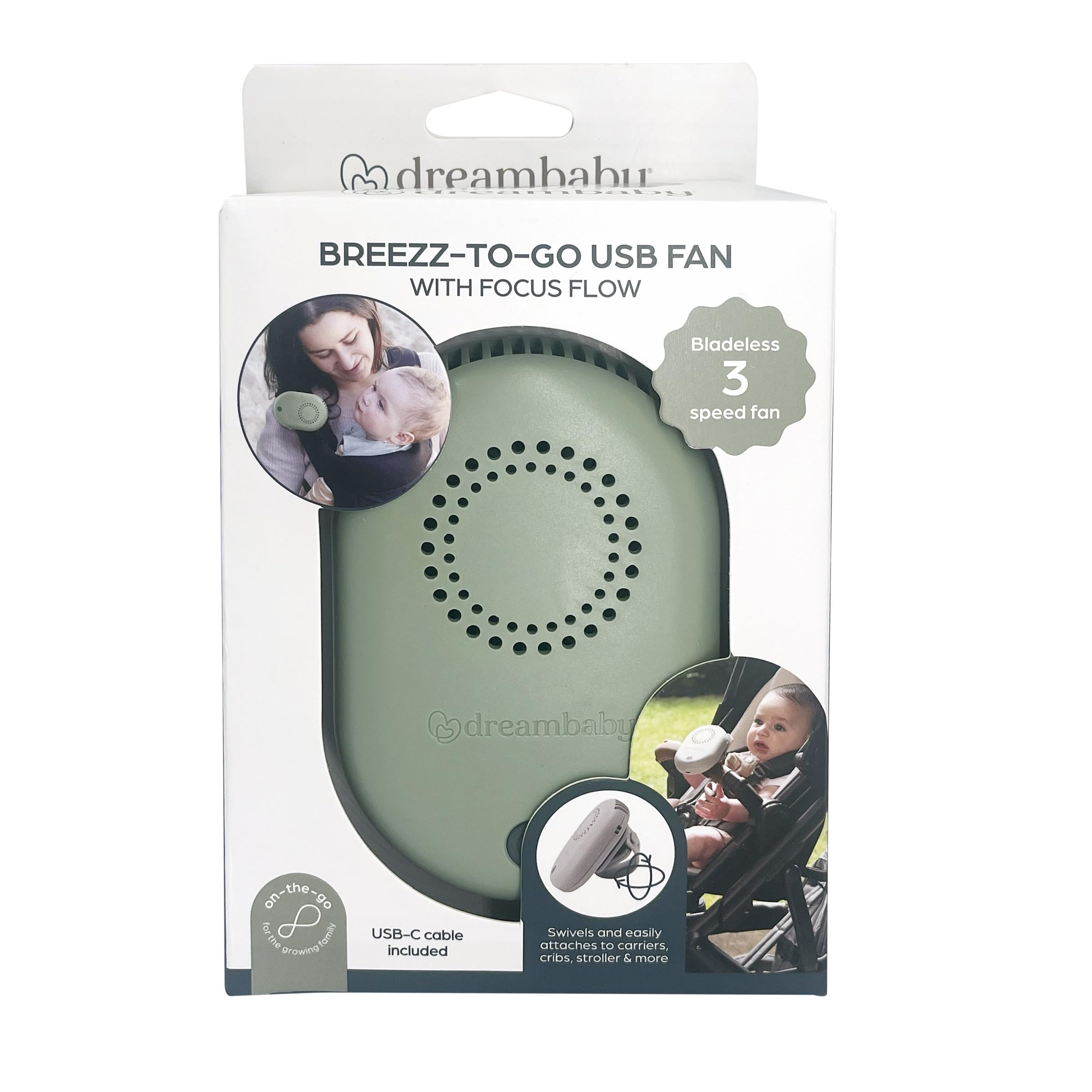 Dreambaby Breezz-to-go Chargeur USB rechargeable à clipser et ventilateur portable – Tient dans votre sac – Idéal pour les voyages, la poussette, le porte-bébé, la maison ou le bureau – Vert sauge
