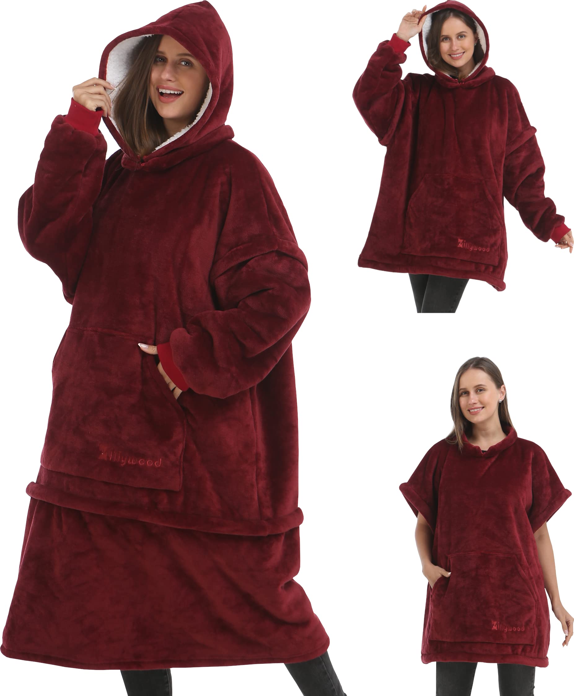 ZillywoodOversized Wearable Blanket Hoodie with Removable Sleeves, Hood and Bottom., Wine, One size