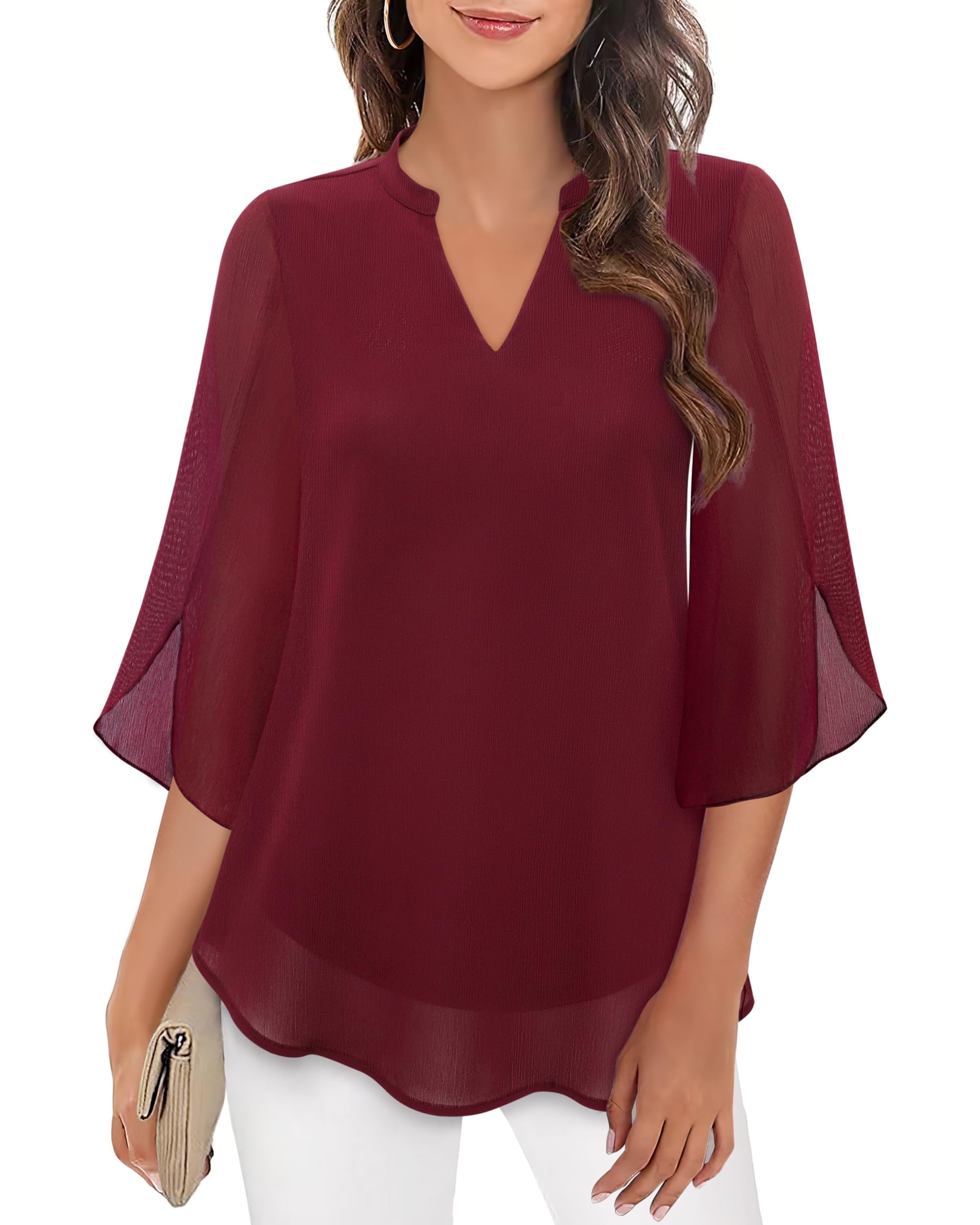 Bebonnie Womens Tops Dressy Casual Ruffle 3/4 Sleeve V Neck Double Layers Chiffon Blouses Tops