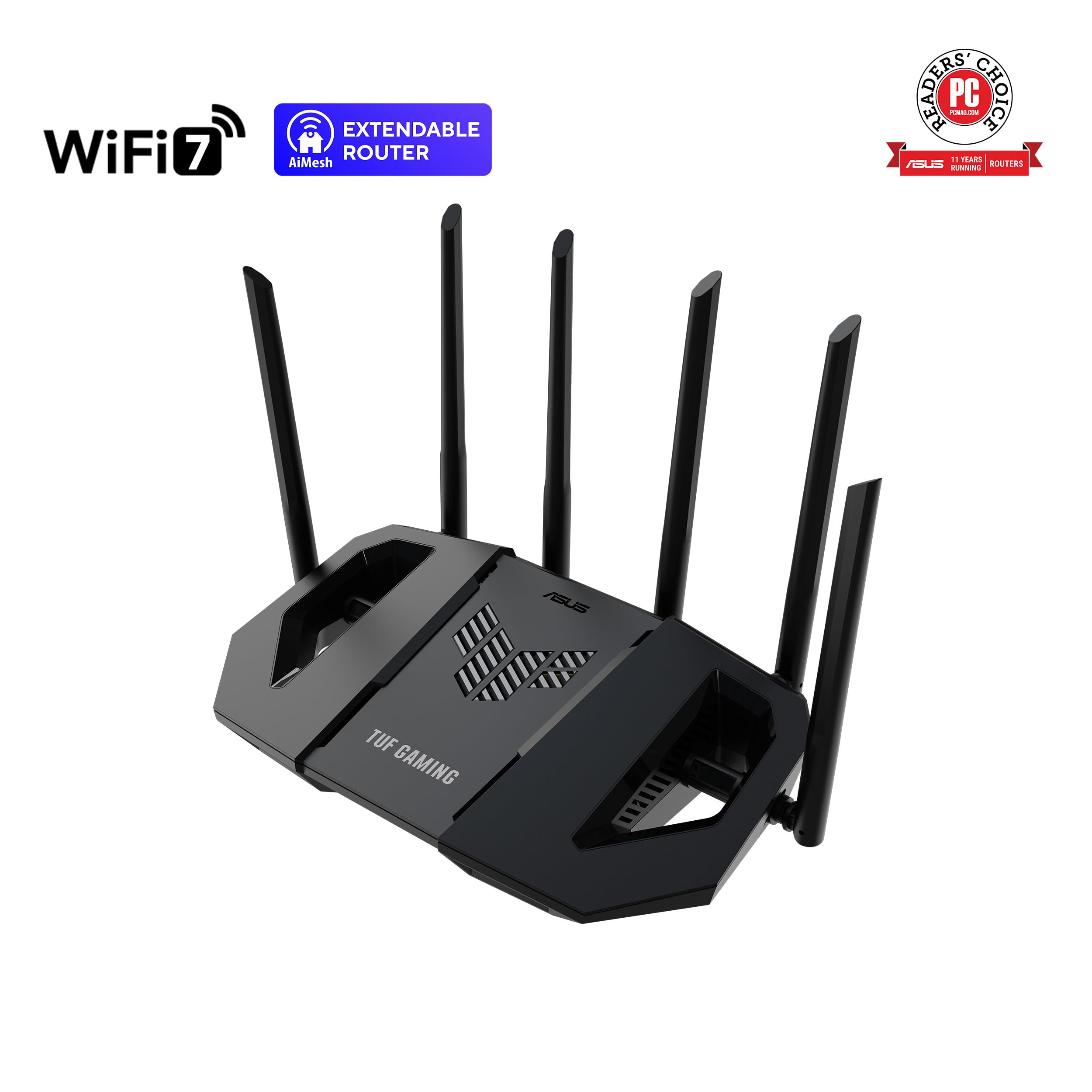 ASUS TUF Gaming BE6500 - Router WiFi 7 - Dual Band, wireless fino a 6,5 Gbps, acceleratore di gioco, controllo Multi-Link (MLO), (x4) Porte da 2,5 GbE, Mesh + VPN compatibile e sicurezza di rete senza