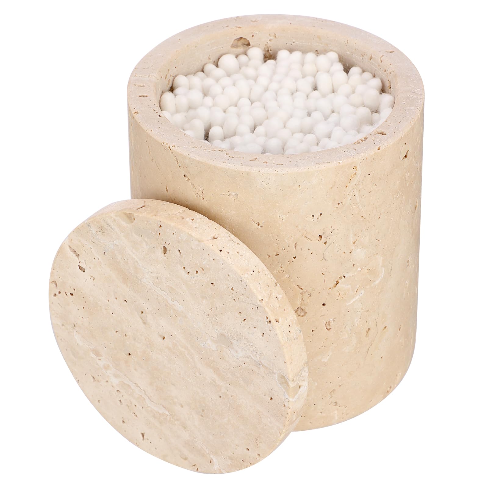 Hipiwe Travertine Cotton Swab Holder Qtip Dispenser with Lid Bathroom Accessories Storage Organizer for Cotton Ball Pads Floss