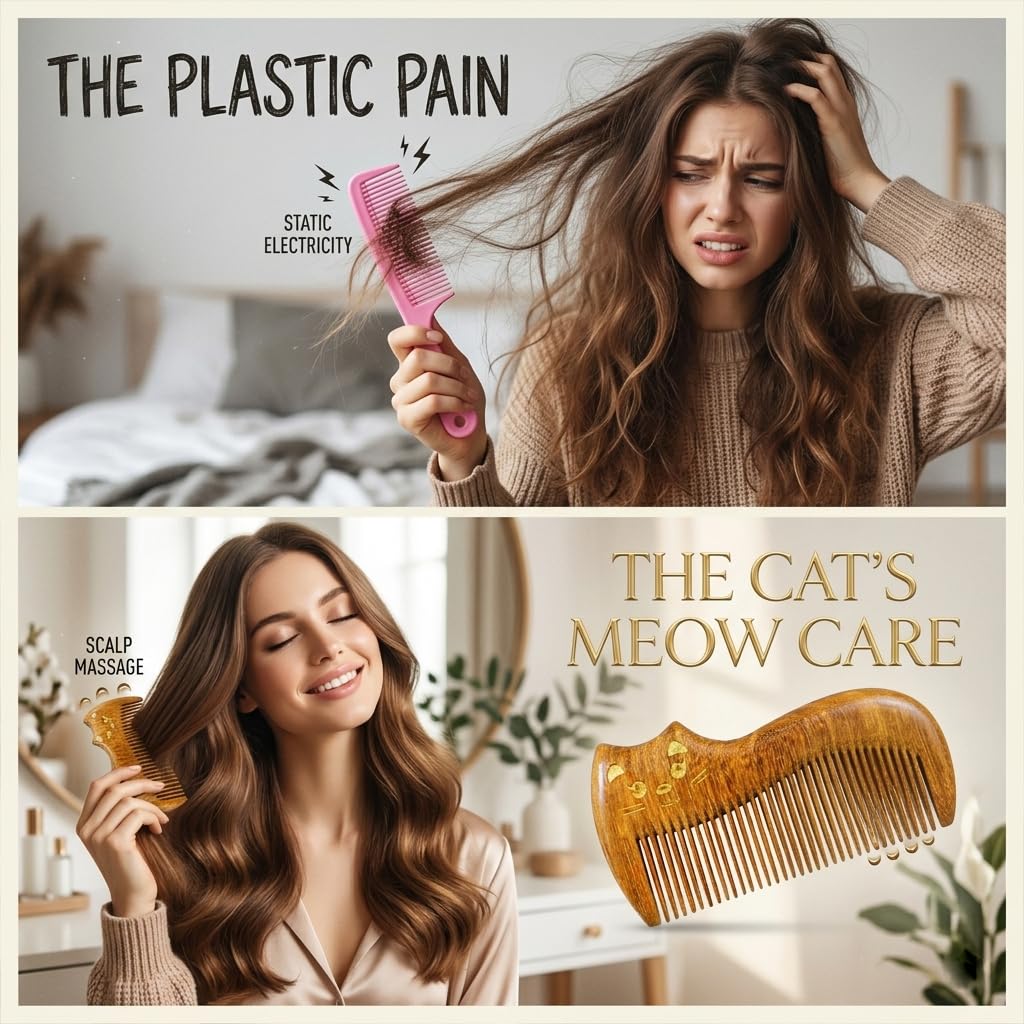Peine de madera de sándalo, hecho a mano, peine de madera de sándalo, antiestático, peine de pelo de dientes finos para hombres, mujeres y niños, peine para barba, buen regalo (gato)