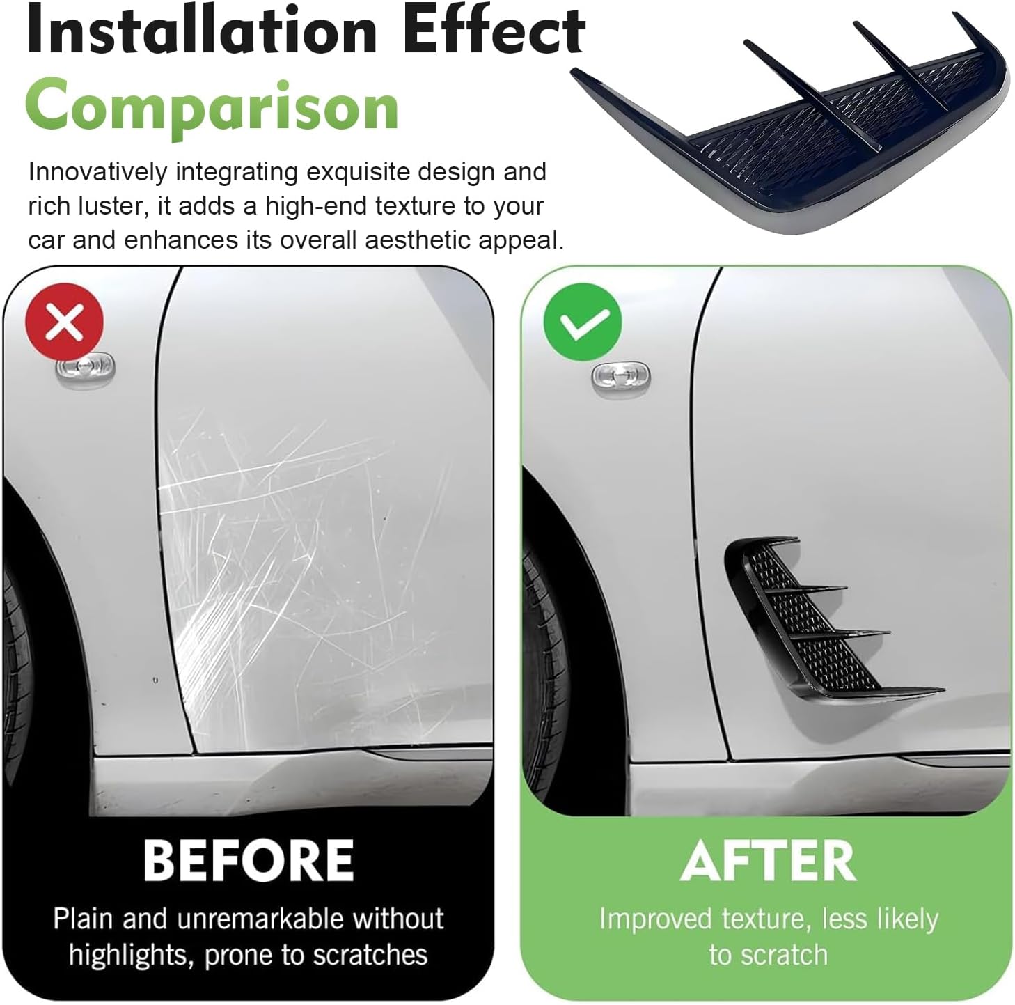 2 PCS Car Fender Side Vent Trims, Anti-Collision Side Mudguard Air Wing Vent Trim Stickers, Sporty Self-Adhesive Spoiler Decorative Decal, Universal for Most Vehicles (Black)