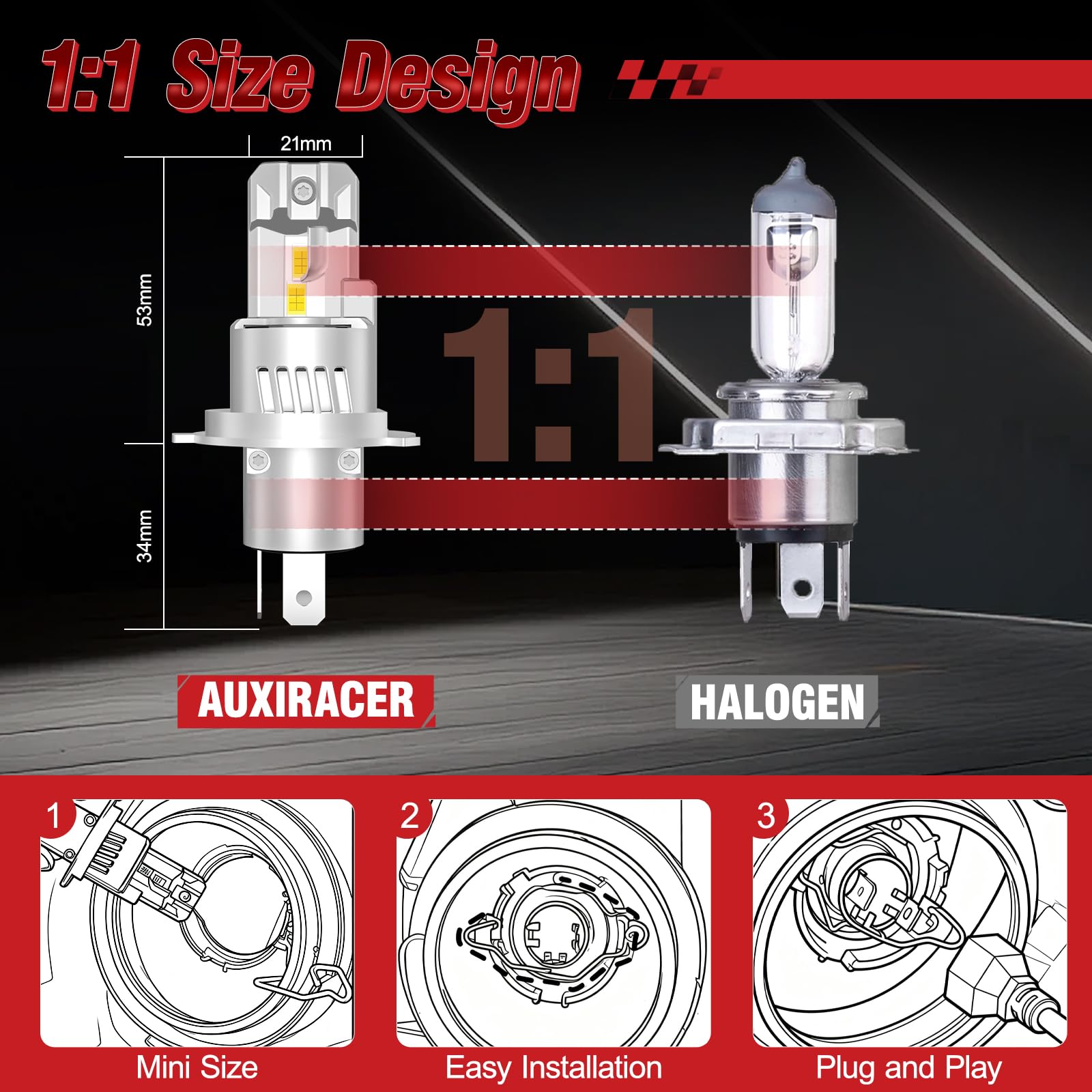 AUXIRACER Bombillas H4 LED, 30000LM 6500K Blanco Frío H4 LED 12V 120W, Luz Alta y Luz Baja Tamaño Mini 1:1 Plug and Play, Paquete de 2 — view 3