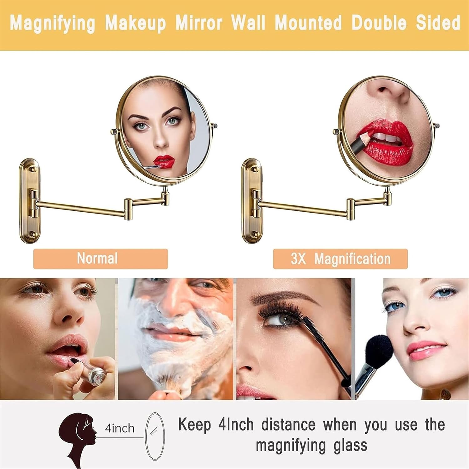 Makeup Mirror, 6" HD Bathroom Shaving Mirror Wall-Mounted Magnifying Mirror 360° Swivel Extendable Mirror Double-Sided Anti-Rust Vanity Mirror Bronze Round Shower Mirror (Color : 6in 7X)