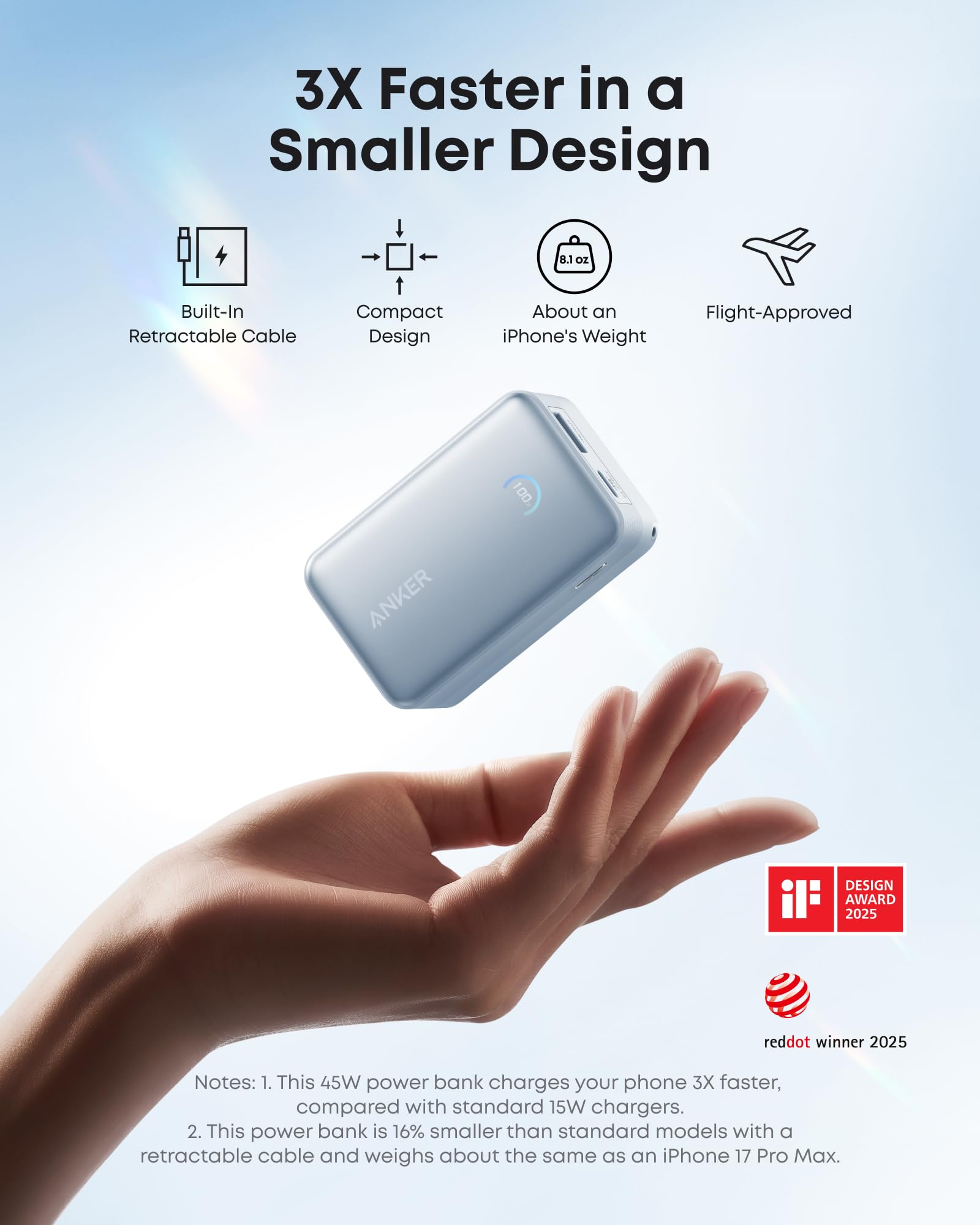 Powerbank Anker Nano, zewnętrzny akumulator 10 000 mAh z 70-centymetrowym zwijanym kablem Anker InstaCord, kompaktowa bateria o mocy maks. 45 W, inteligentny wyświetlacz