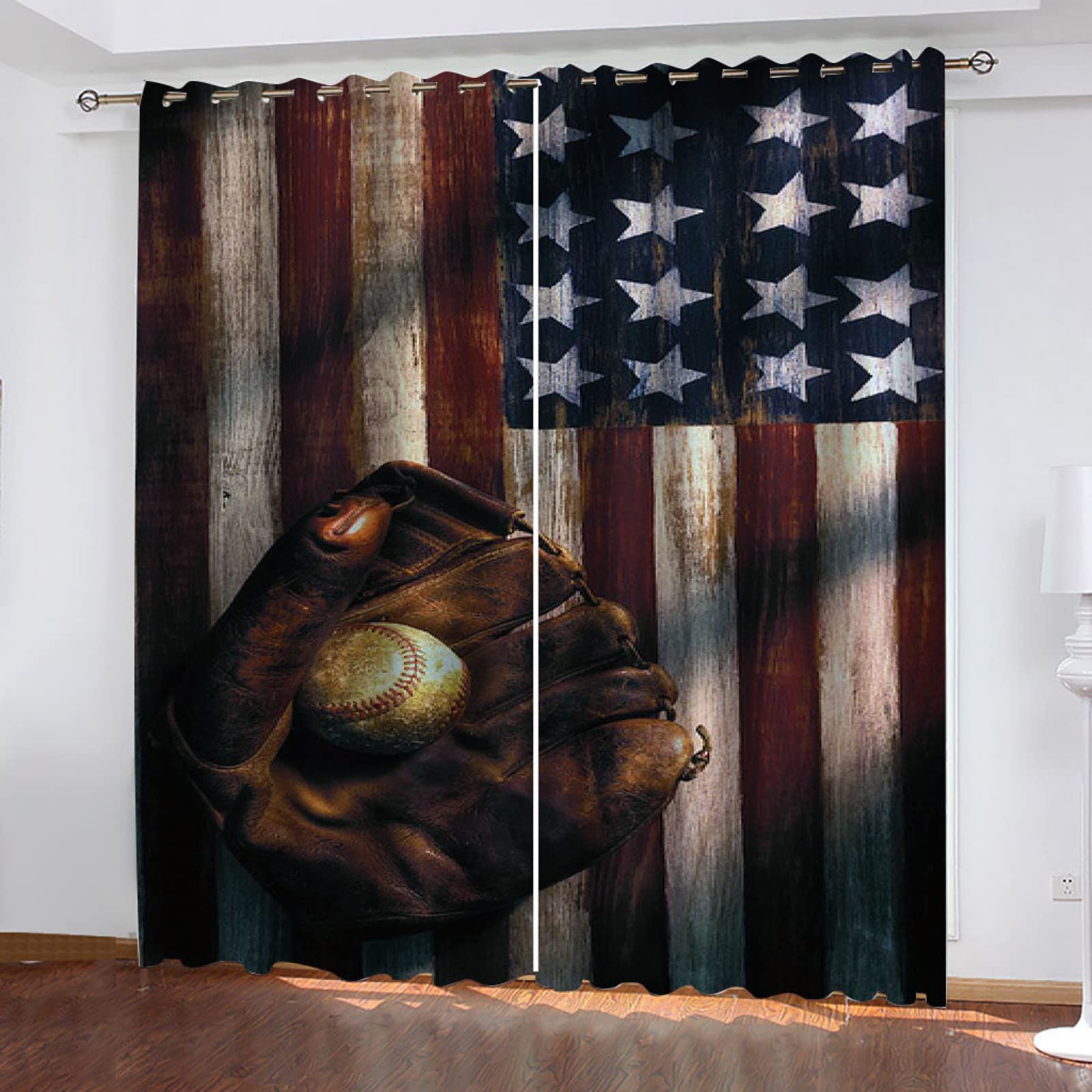 KEIBEK 3D Vintage Baseball Flag Print Image Print Room Window Decor Blackout Curtains, Kitchen Curtains Grommet Top, Thermal Drapes Darkening for Bedroom Living Room 63 Inches Long Set of 2 Panels