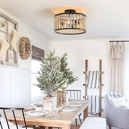 Miniatura 6 de tewei Candelabro de cuentas de madera, lámpara de techo semiempotrada rústica, 3 luces, estilo bohemio, casa de campo, bohemio, con base E26 para