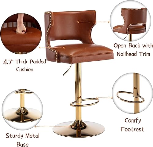 Miniatura 3 de Juego de 2 taburetes de bar marrones giratorios de altura de mostrador con respaldo de piel sintética con base dorada, isla de cocina moderna