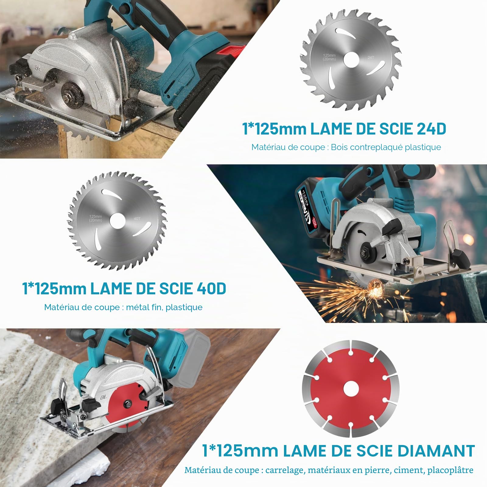Scie Circulaire Sans Fil Compatible Batterie Makita 18V, 125 mm | Moteur Sans Balais, 3 Lames Incluses, Coupe en Biseau 0-45°, Profondeur de Coupe 40 mm, Bois, Métal et Plastique