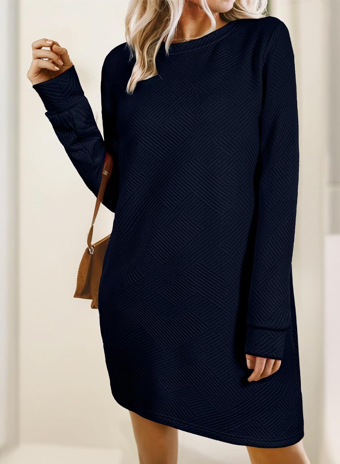 BLENCOT Womens Casual Pullover Sweatshirt Dress Crewneck Long Sleeve Trendy Fall Textured Solid Mini Dresses with Pockets - Image 3