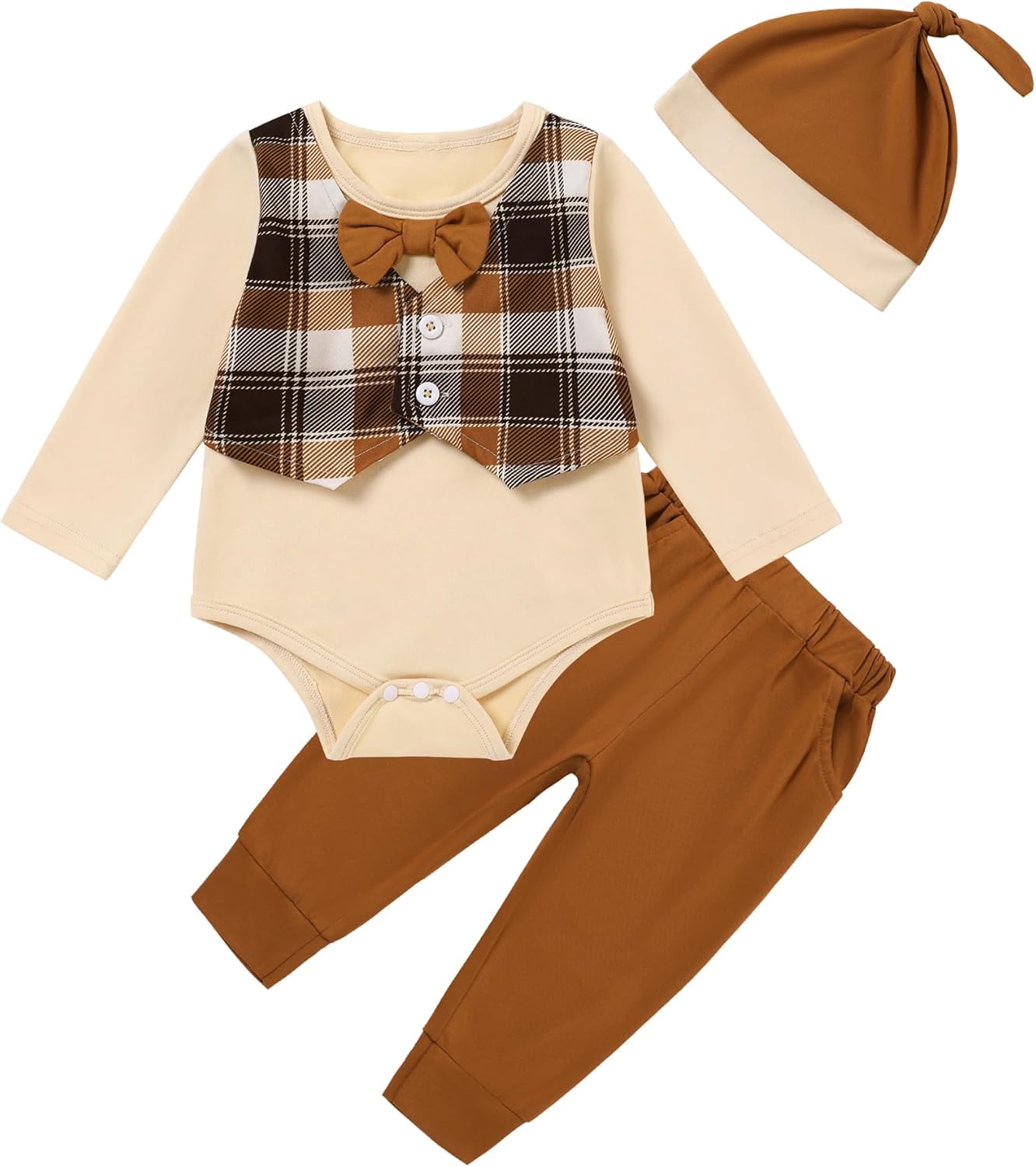 Latnnut Newborn Baby Boy Clothes Christmas Outfit Long Sleeve Gentleman Suit Faux Vest Romper + Hat + Pants Clothes Set