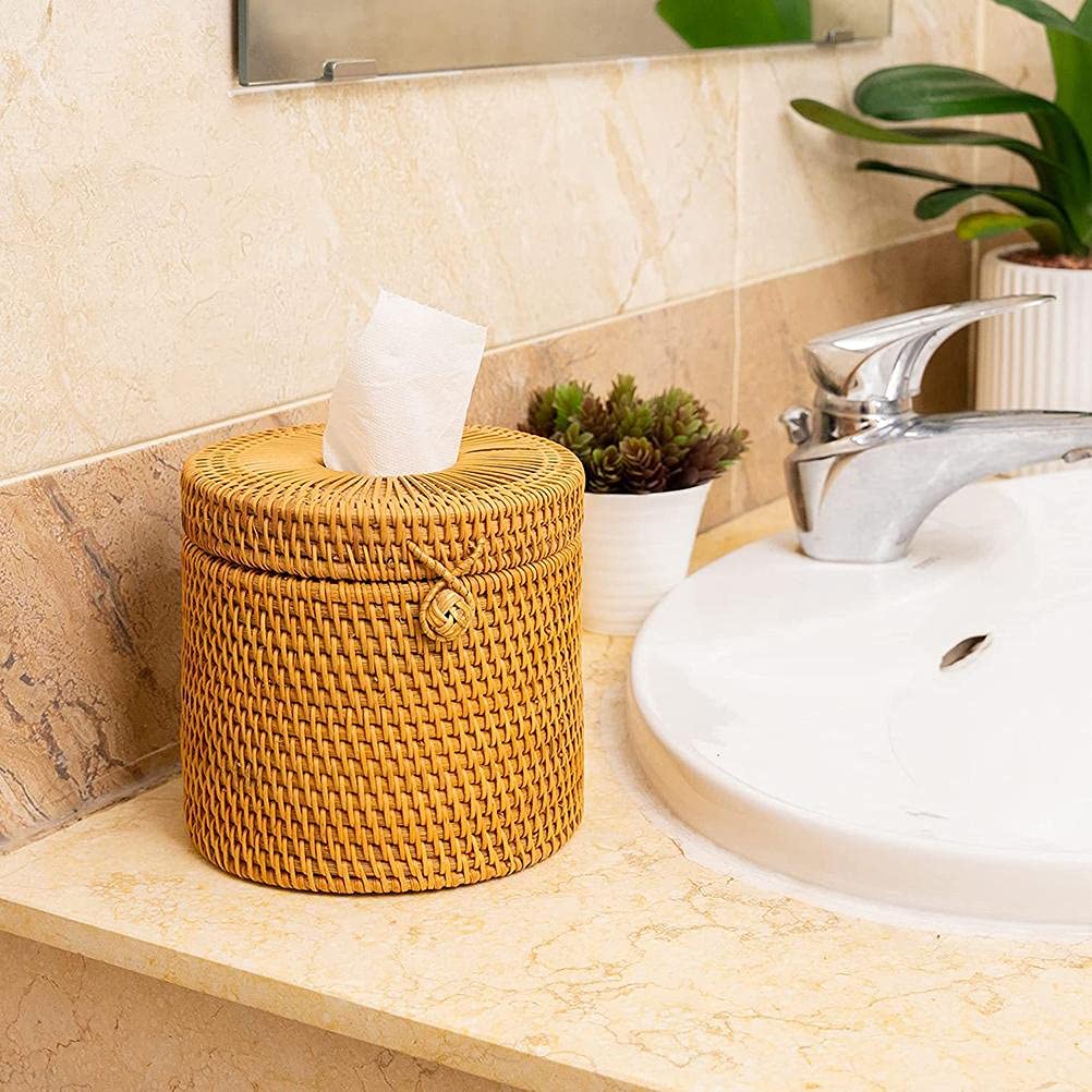 Scatola rotonda in rattan, porta carta igienica in vimini con coperchio, contenitore rotondo adatto per la decorazione della casa del bagno