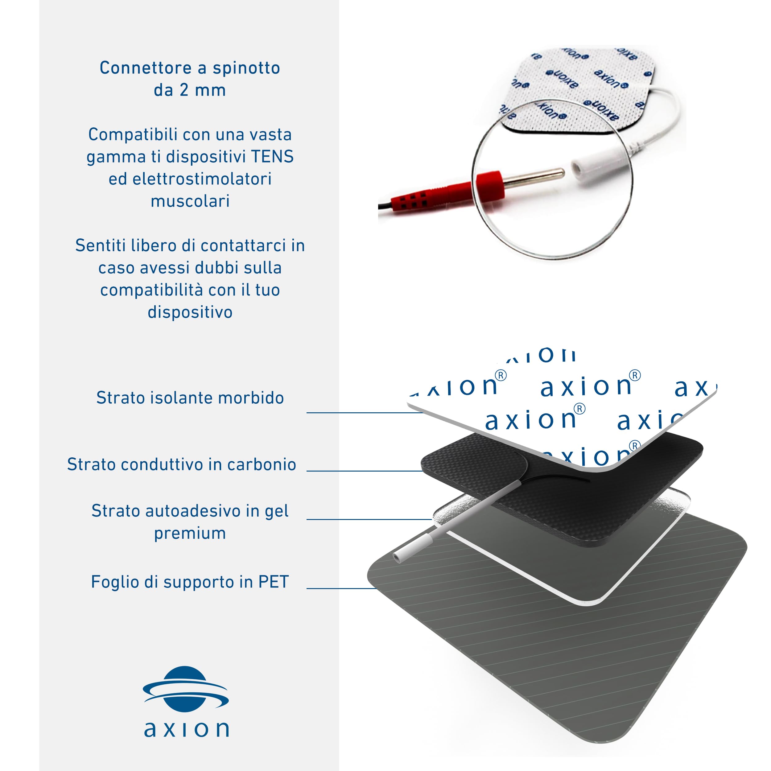 52 elettrodi di ricambio axion | Pads da 4x4 cm per elettrostimolatori TENS e/o EMS riutilizzabili e autoadesivi con cavetti a spinotto da 2 mm