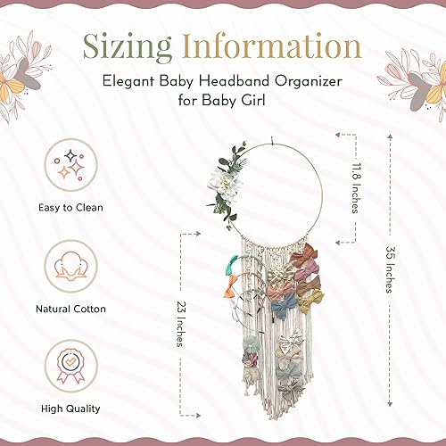 Miniatura 3 de Organizador de lazo para bebé para niñas, lazos para el cabello, clips y diademas - Soporte de arco de macramé bohemio con marco circular de latón