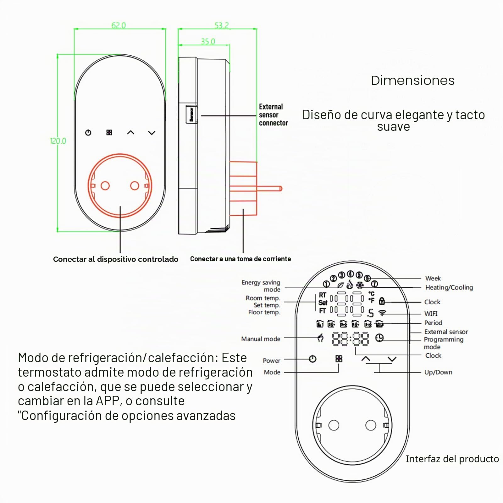 termostato calefaccion WiFi,Calefacción Refrigeración Termostato Digital calefaccion programable Enchufe termostato para casa Controlador de Temperatura (Azul)