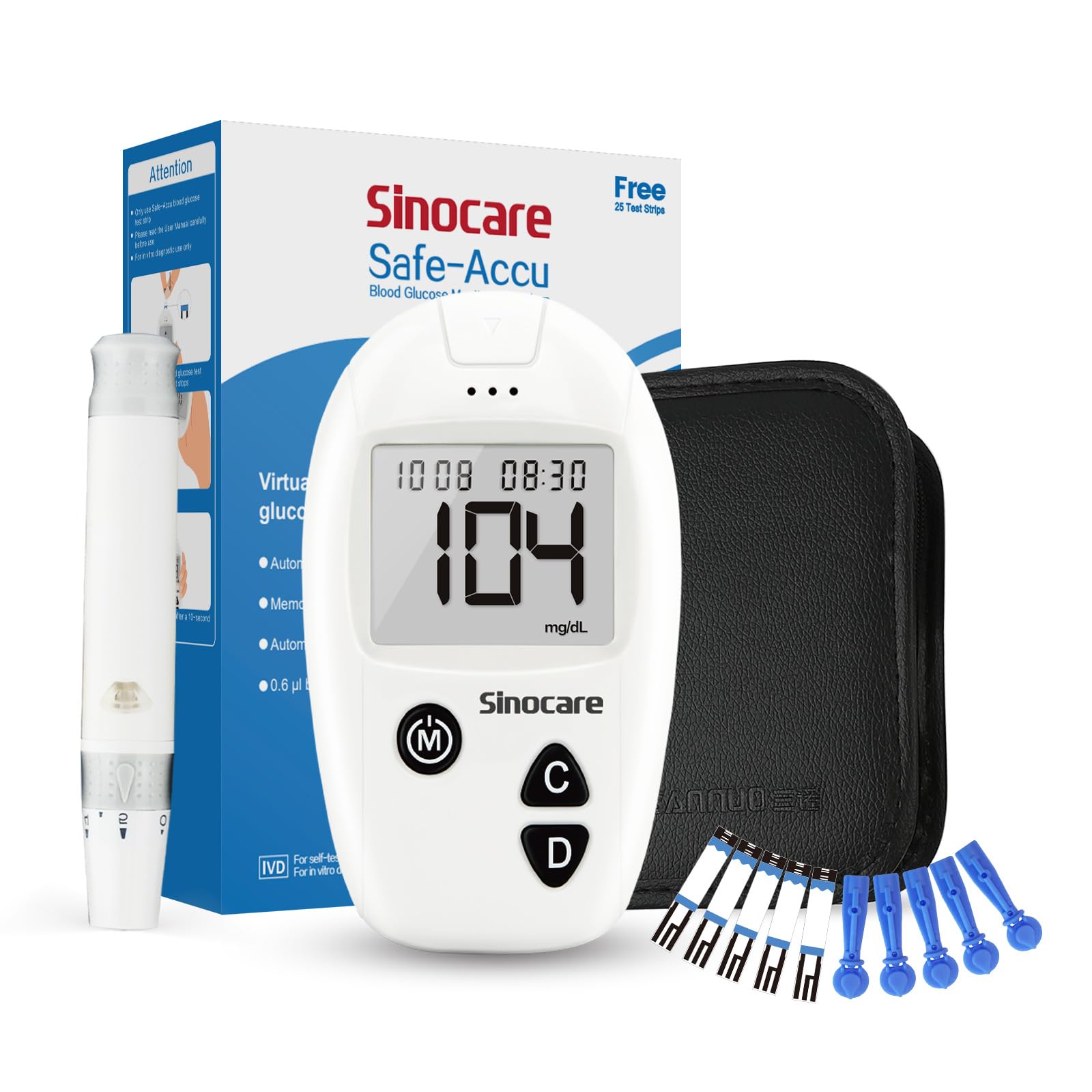 SAFE ACCU Blood Glucose Monitor/Machine | With 25 Strips and Lancets, One Lancet Device | No Coding required, 200 Memory, Upto 28 Days Average | Safe, Accurate and Reliable Glucometer