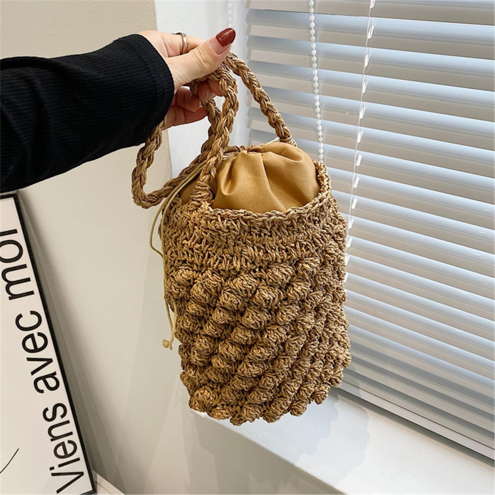 Borsa di Paglia Donna A Spalla Estiva, Secchio in Rattan Grande capacità delle Donne, da Spiaggia Tessuta Fatta Mano-beige-18x15x22cm