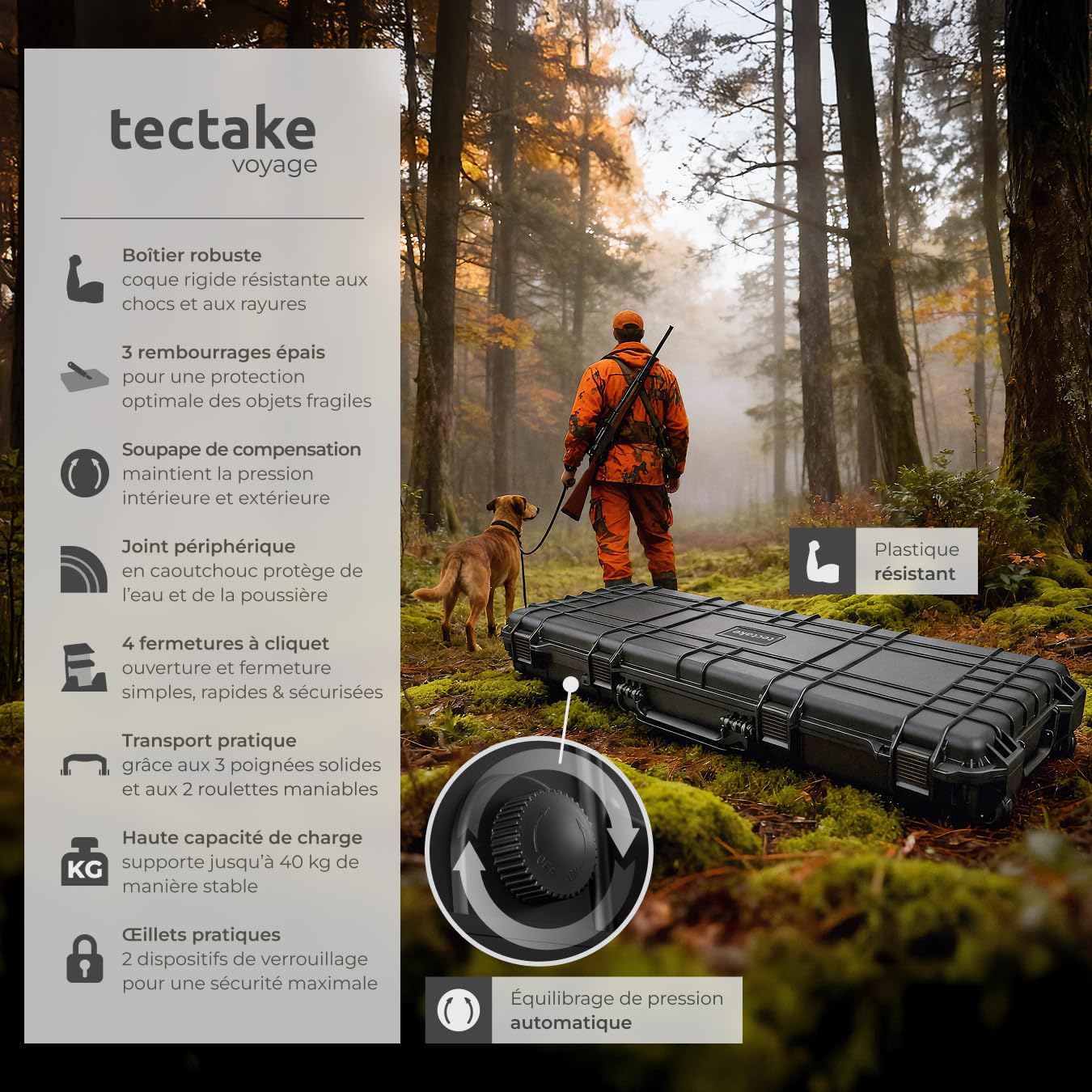 tectake® Malette de Protection, Inserts Mousse pour Armes Longues, Appareil Photo, caméra ou Outils, Boite étanche avec roulettes, 3 poignées, 4 Fermetures à Ressort, Résistante aux Chocs & Eau