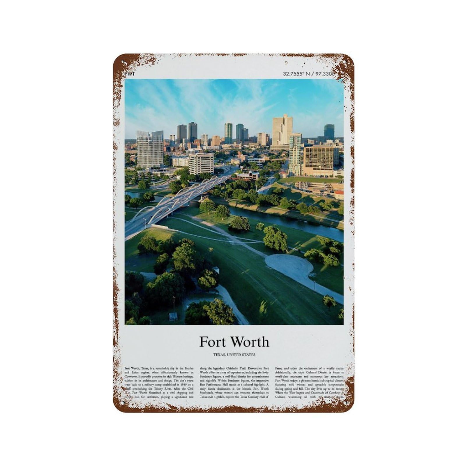 xiaoxiaoshen Fort Worth Texas, United States, USA City Scenery Wall Decor Art Metal Tin Poster Modern Home Decor Art Home Bar Shop Decorations Vintage Sign 30x20cm