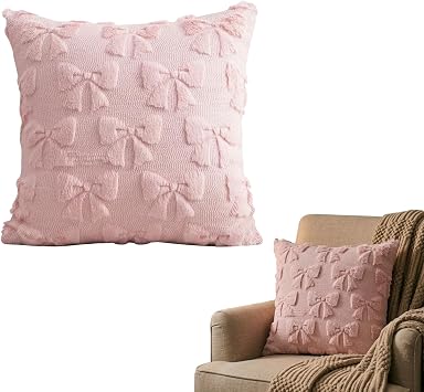 Pink Cushion Covers   2 PCS Bow Pillow Covers 45x45cm Soft Plush Decorative Cushions with Hidden Zipper, Aesthetic Pink Cushions for Sofa Bed Bedroom Living Room Indoor Outdoor Home Decor