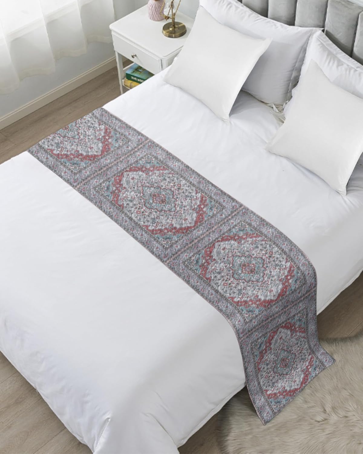 Teamery Bed Runners & Scarves, Red Nostalgia Flowers Leaves Bed Runner, Bed Scarf Protector Decorative Accent Bedding Scarf for Hotels Homes and Guestrooms, 102 x 20 inches