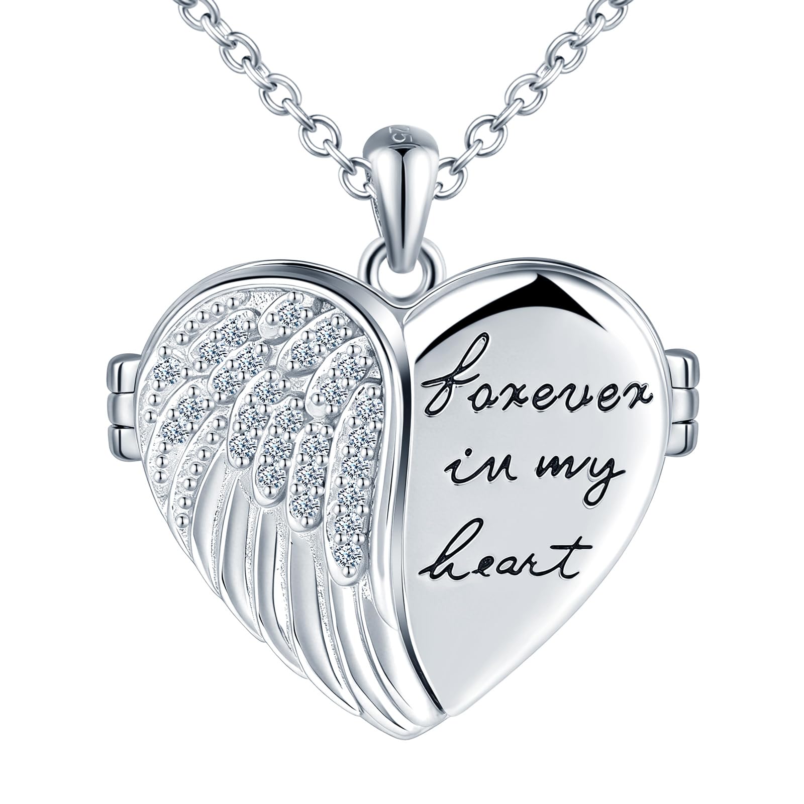 Collana Foto Ciondolo Cuore Argento 925 Medaglione Portafoto Personalizzabile con Ali di Zirconio e Testo Inciso