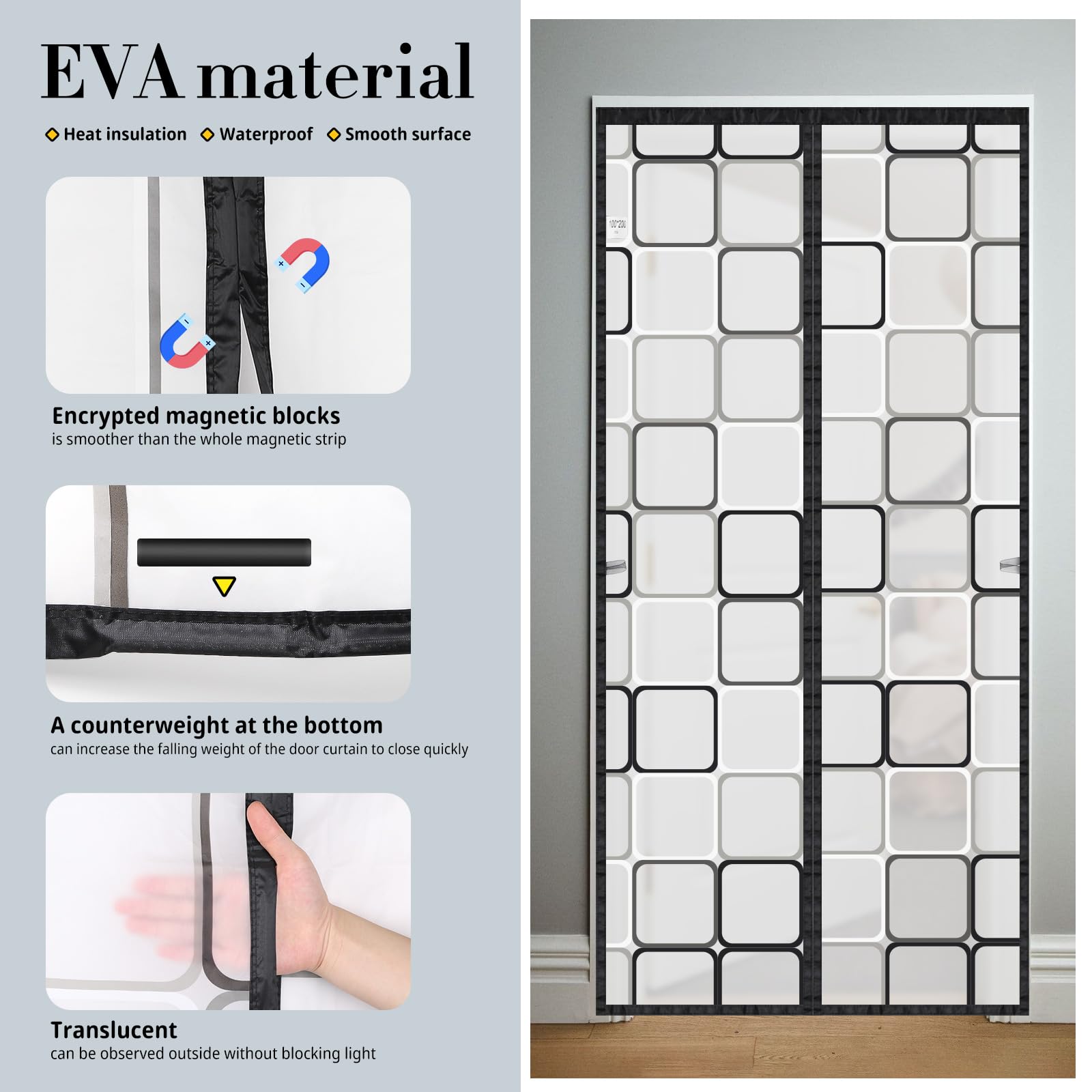 SWAWIS 100x200cm Cortina Térmica Magnética para Puertas in EVA Material, Resistente al Frío y Aislante Térmico Impermeable y Cortavientos, con Velcro, para Balcón Cocina Dormitorio(Patrón a Cuadros)