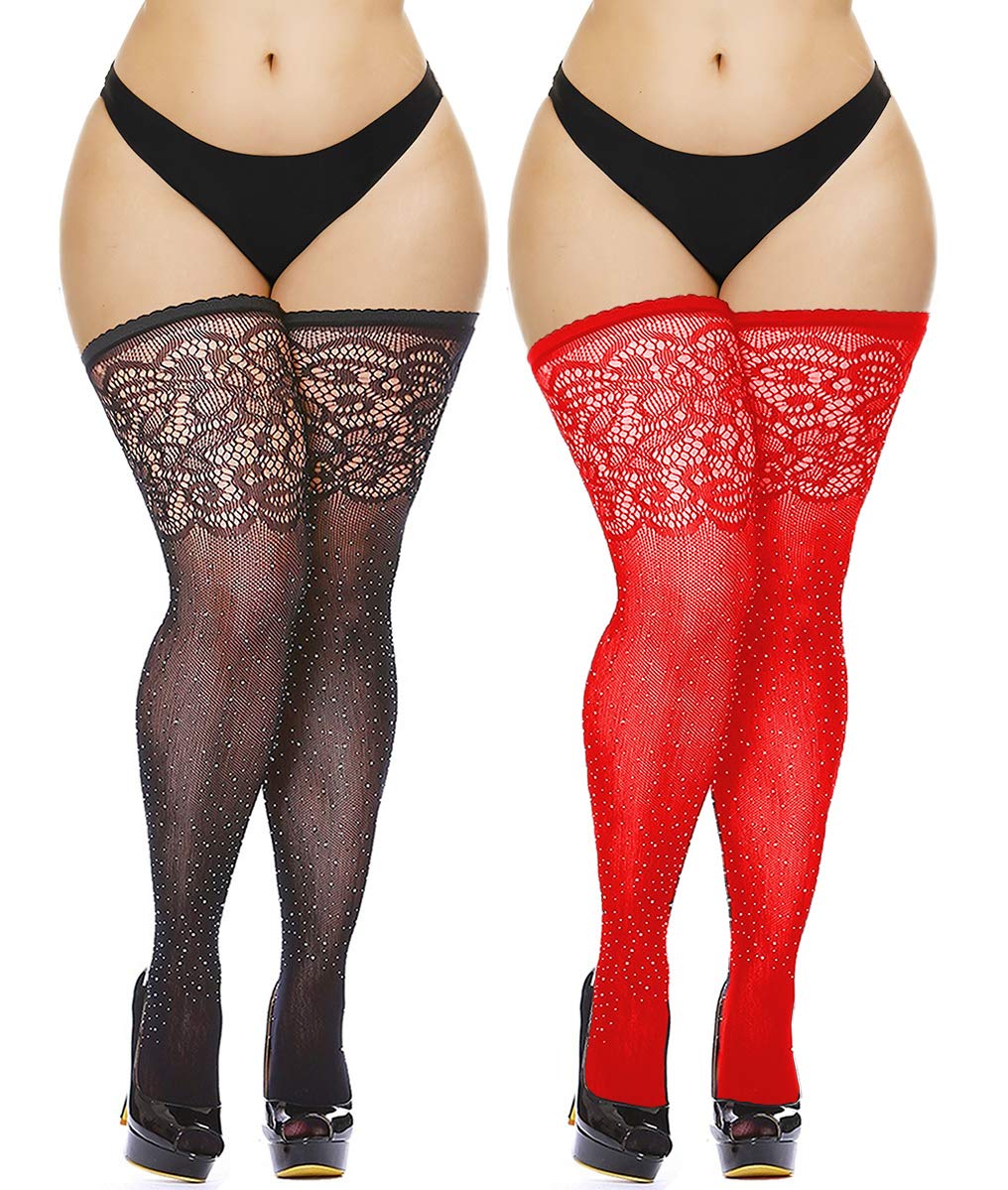 CURRMIEGOWomen's Black Fishnet Thigh Highs Plus Size Stay-up Rhinestone Stocking 2 Pairs