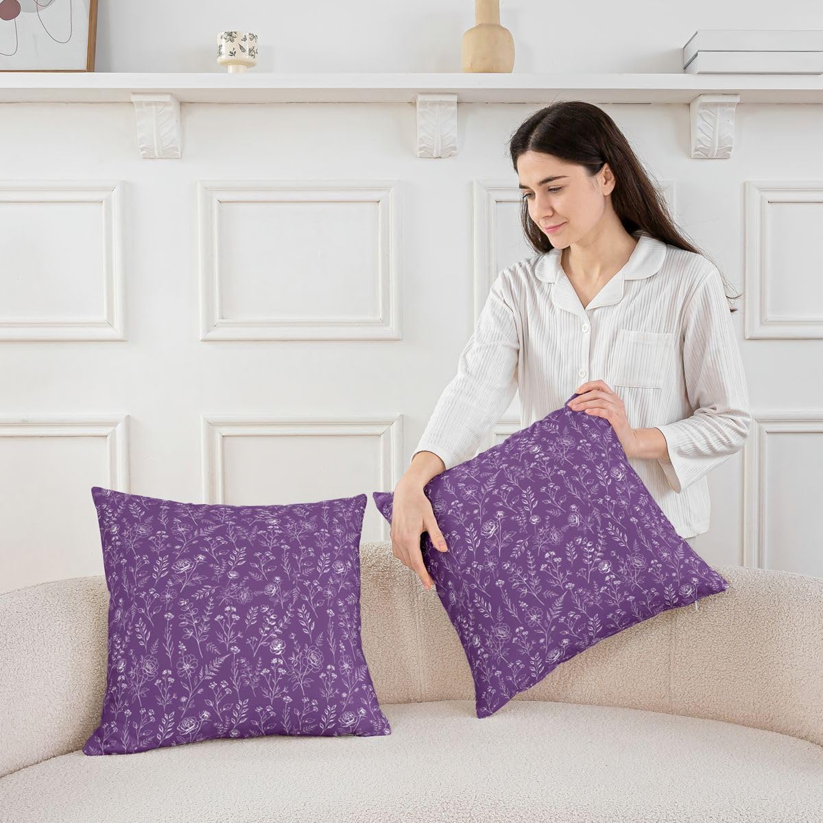 Castle Fairy Wild Plants Flower Throw Pillow Covers 16"x16" Set of 4,Botanical Floral Print Cushion Covers for Couch Sofa,Vintage Aesthetic Decorative Pillowcases,Purple White Pillow Cases image 3