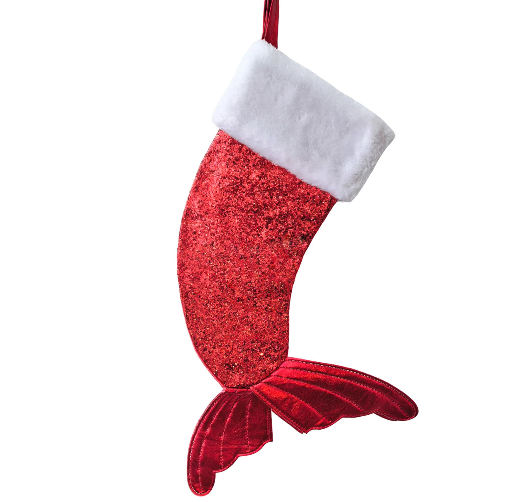 Kirain Sparkly Mermaid Tail Christmas Stocking Red Xmas Stockings for Holiday Xmas Fireplace Hanging Decoration Stockings Gifts