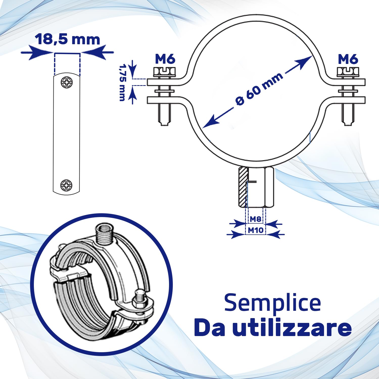 Rinforzato Fascette Metalliche M8/M10 con Guarnizione in Gomma e con Diametro di Ø60 mm o di 2" - Garanzia di 10 Anni - MONTERAL