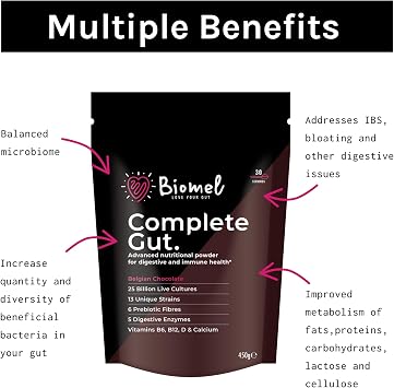Biomel Complete Gut - Belgian Chocolate - Advanced Gut Health - 450g/30 Servings - Vegan Friendly - Gluten Free - Delicious & Effective