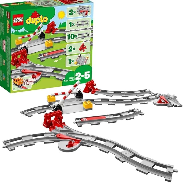 LEGO 10882 DUPLO Town Train Tracks Expansion Set, Building Toys for Toddlers with Red Action Brick, Gifts for 2 - 5 Year Old Boys and Girls