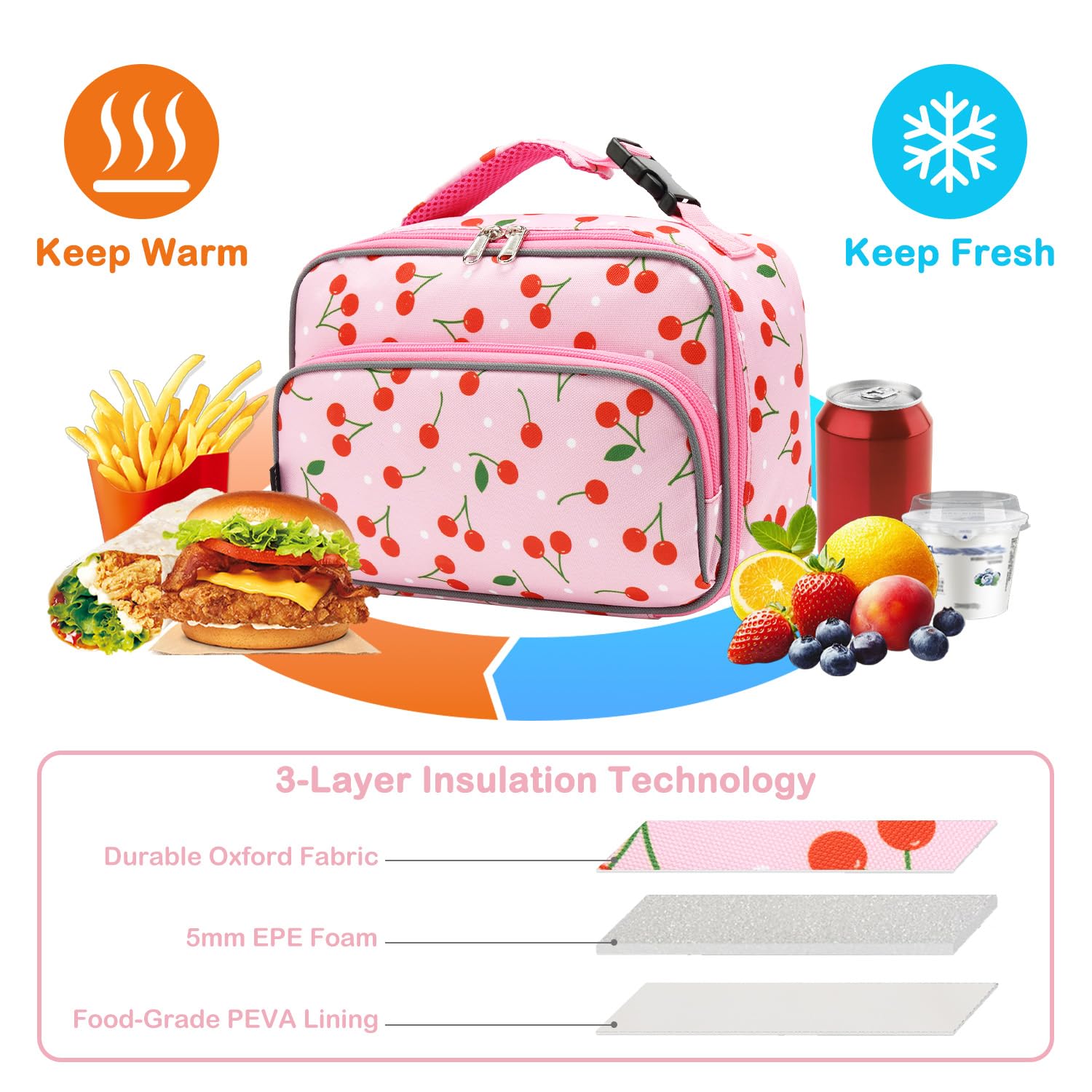 Sac à déjeuner isotherme souple pour enfants, sac isotherme pour la rentrée scolaire, sac fourre-tout pour filles, garçons (cerise)